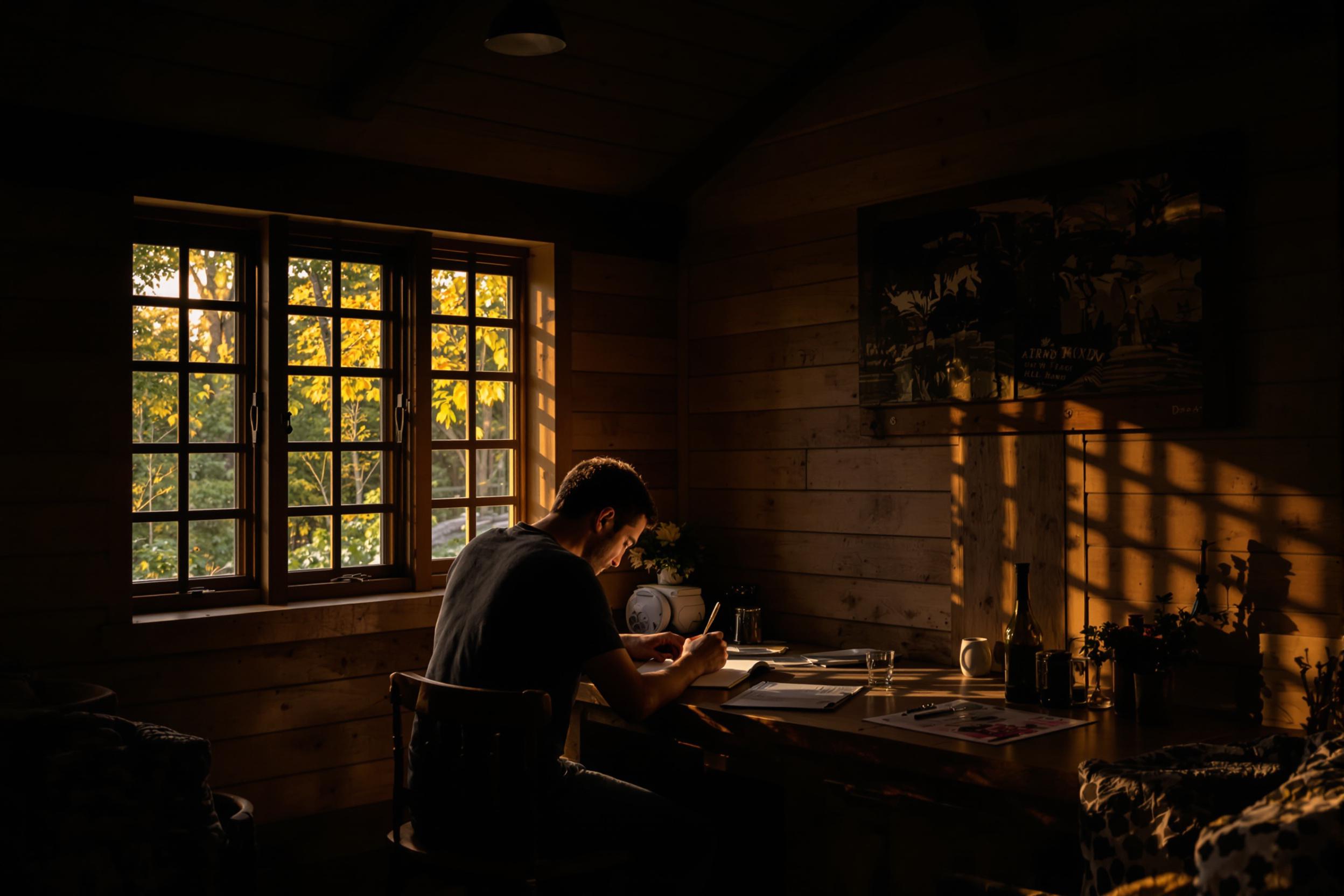 Solitary reflection at a hand-crafted oak desk