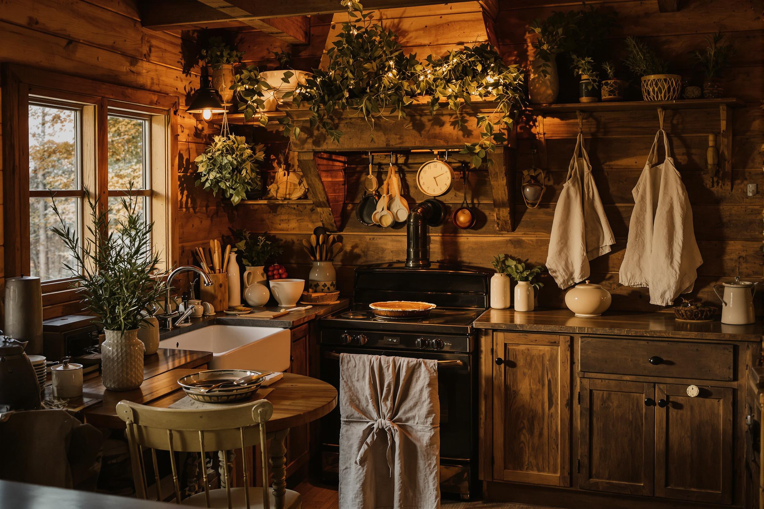 Rustic Cabin Kitchen Glowing in Firelight