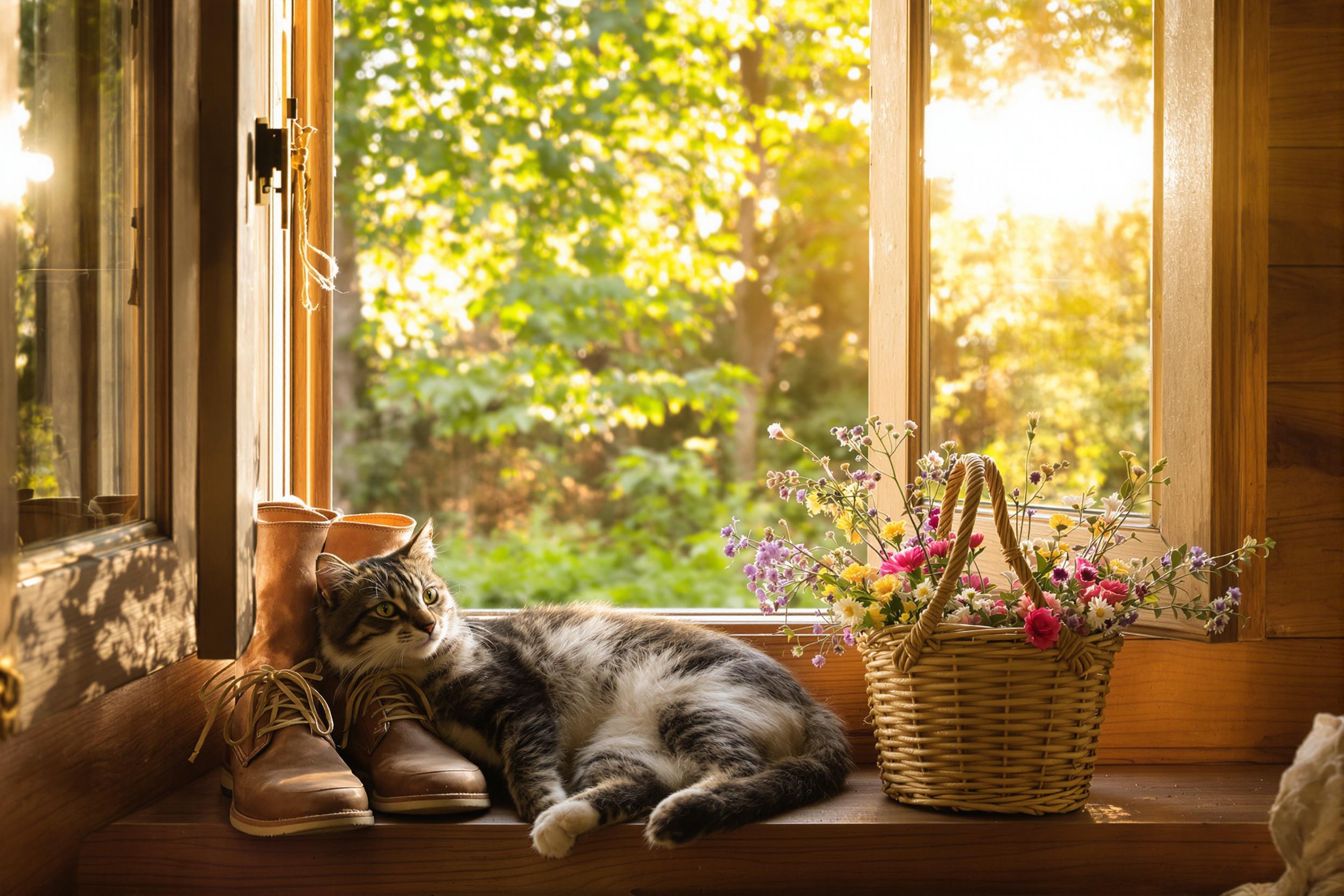 Playful Cat Lounging in a Sunlit Cabin Corner