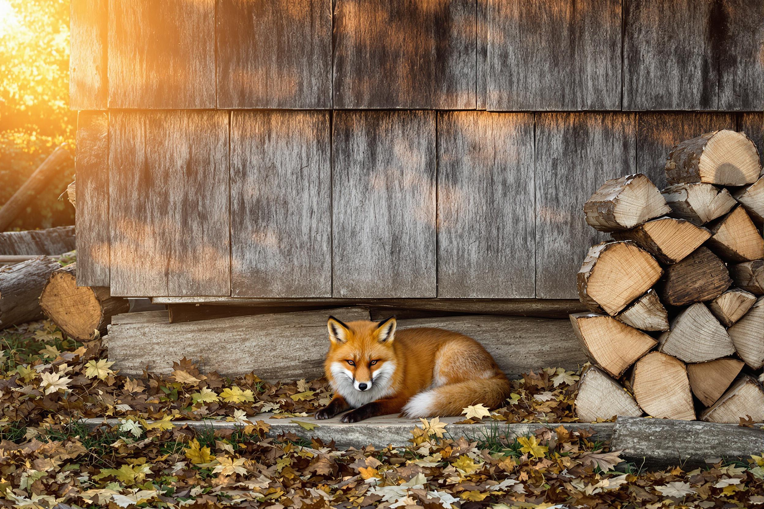 Resting Fox by Autumnal Cabin Wall