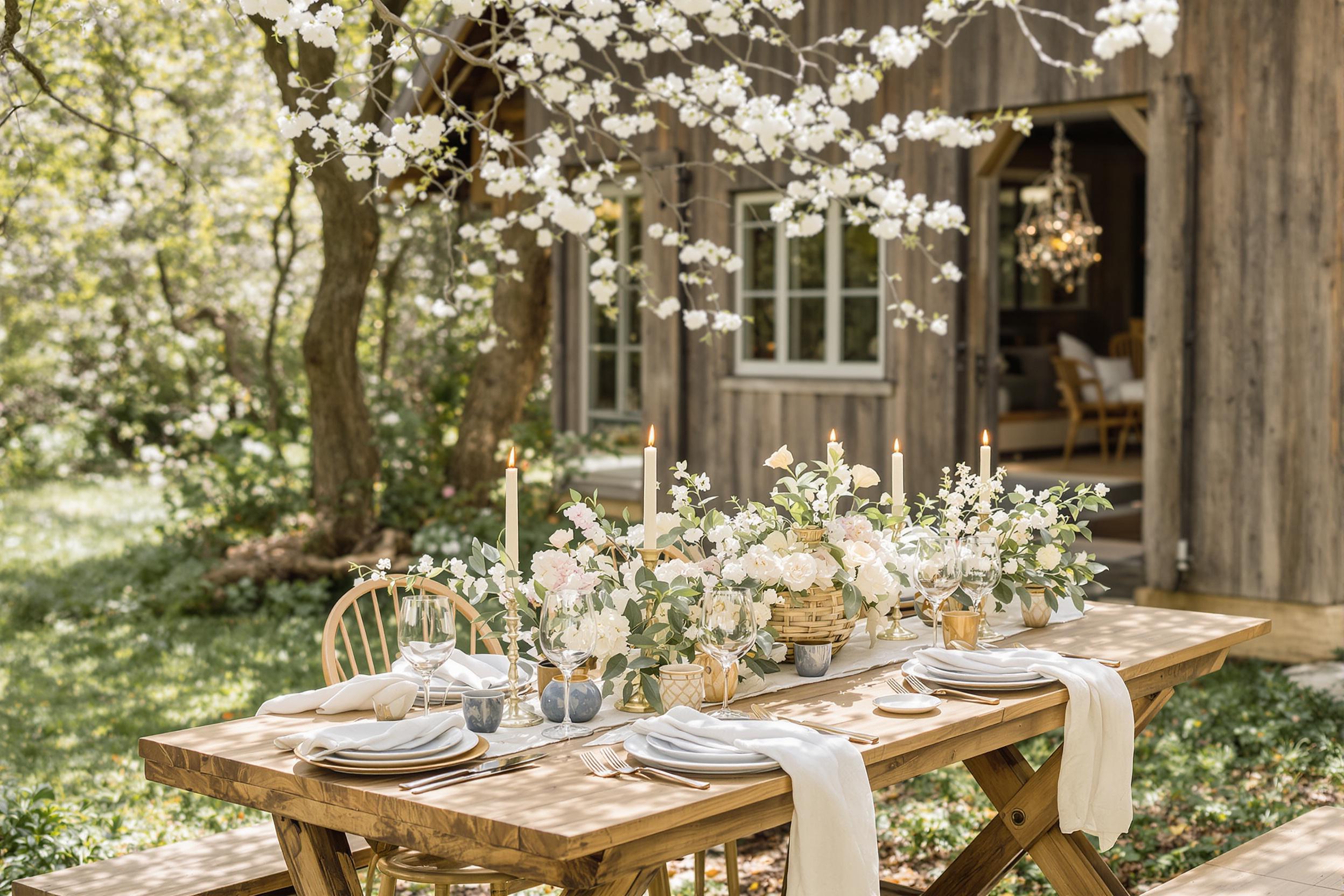 Intimate Outdoor Spring Dinner Beneath Blossoms