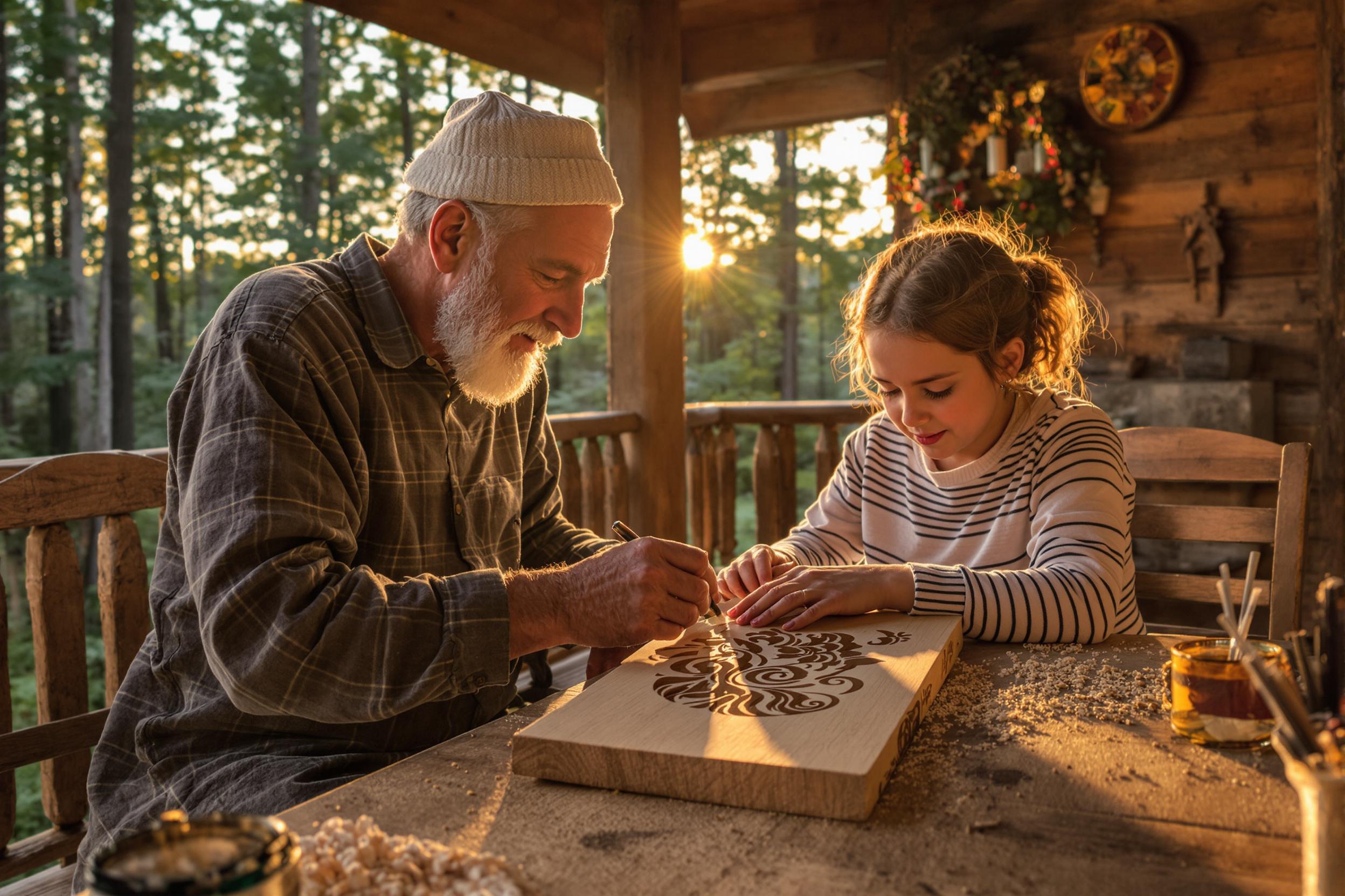 Grandfather Teaching Woodcraft to Granddaughter in Sunset Cabin.