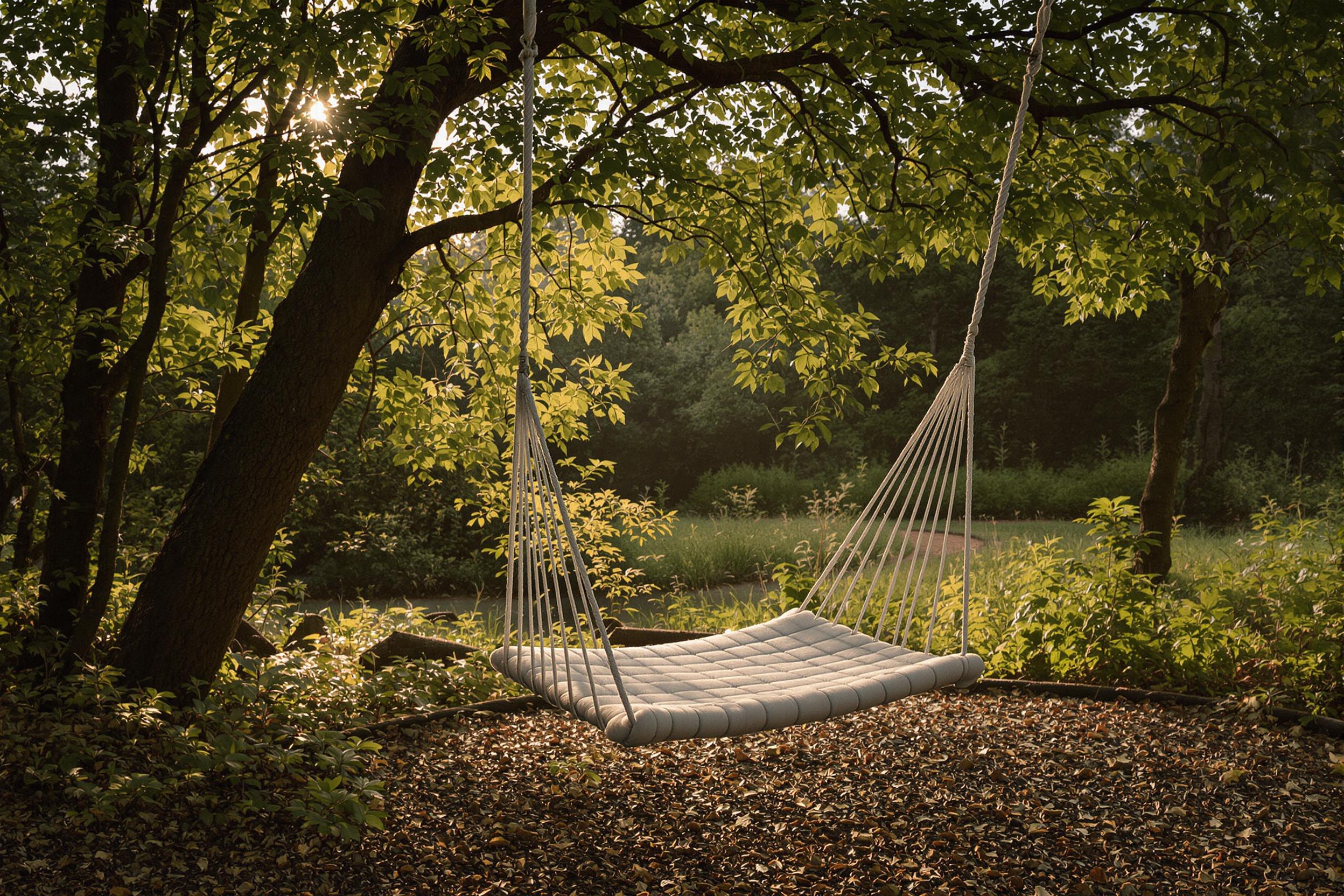 Cozy Handwoven Woodland Swing at Dawn