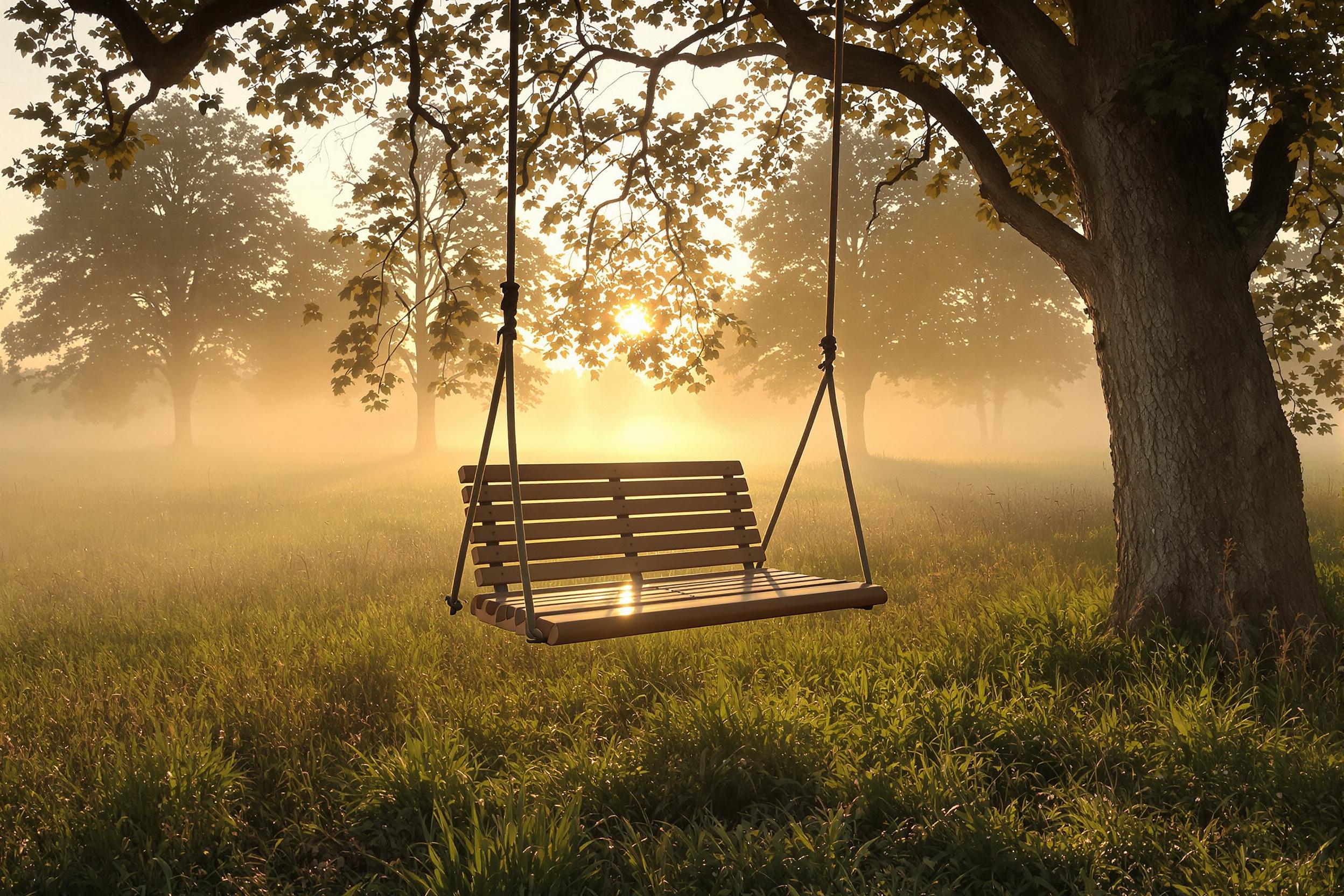 Morning swing amidst cabin meadow fog