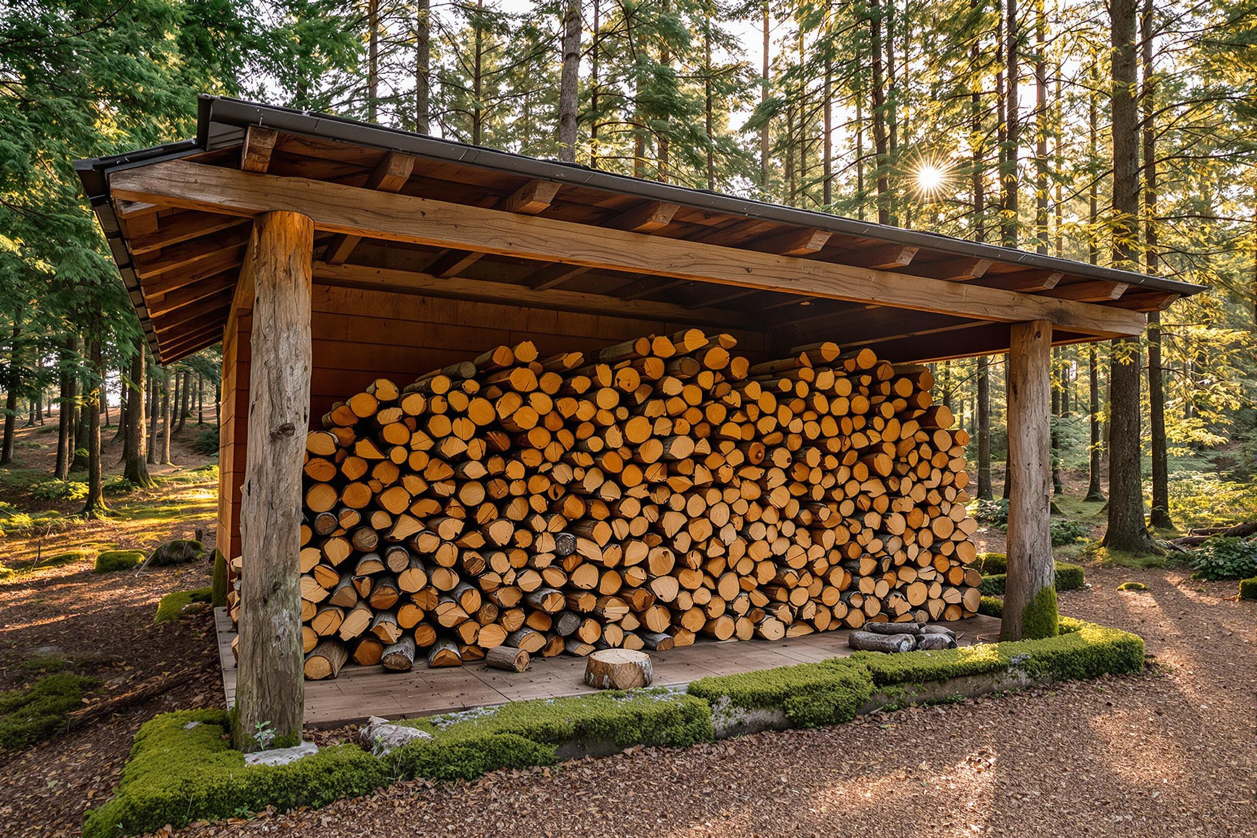 Cozy Rustic Firewood Shelter at Dawn