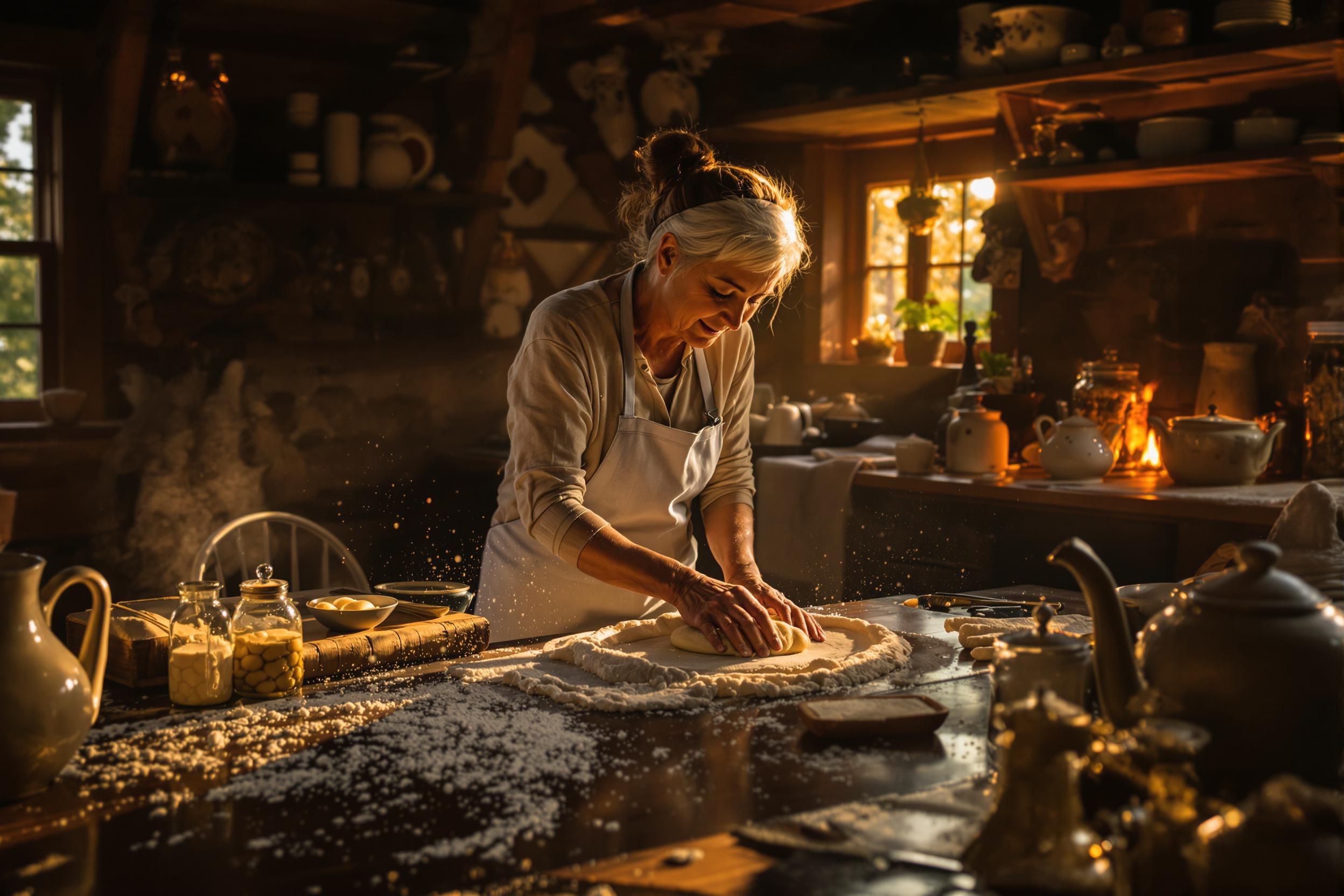 Grandmother Baking Under Cozy Cabin Firelight