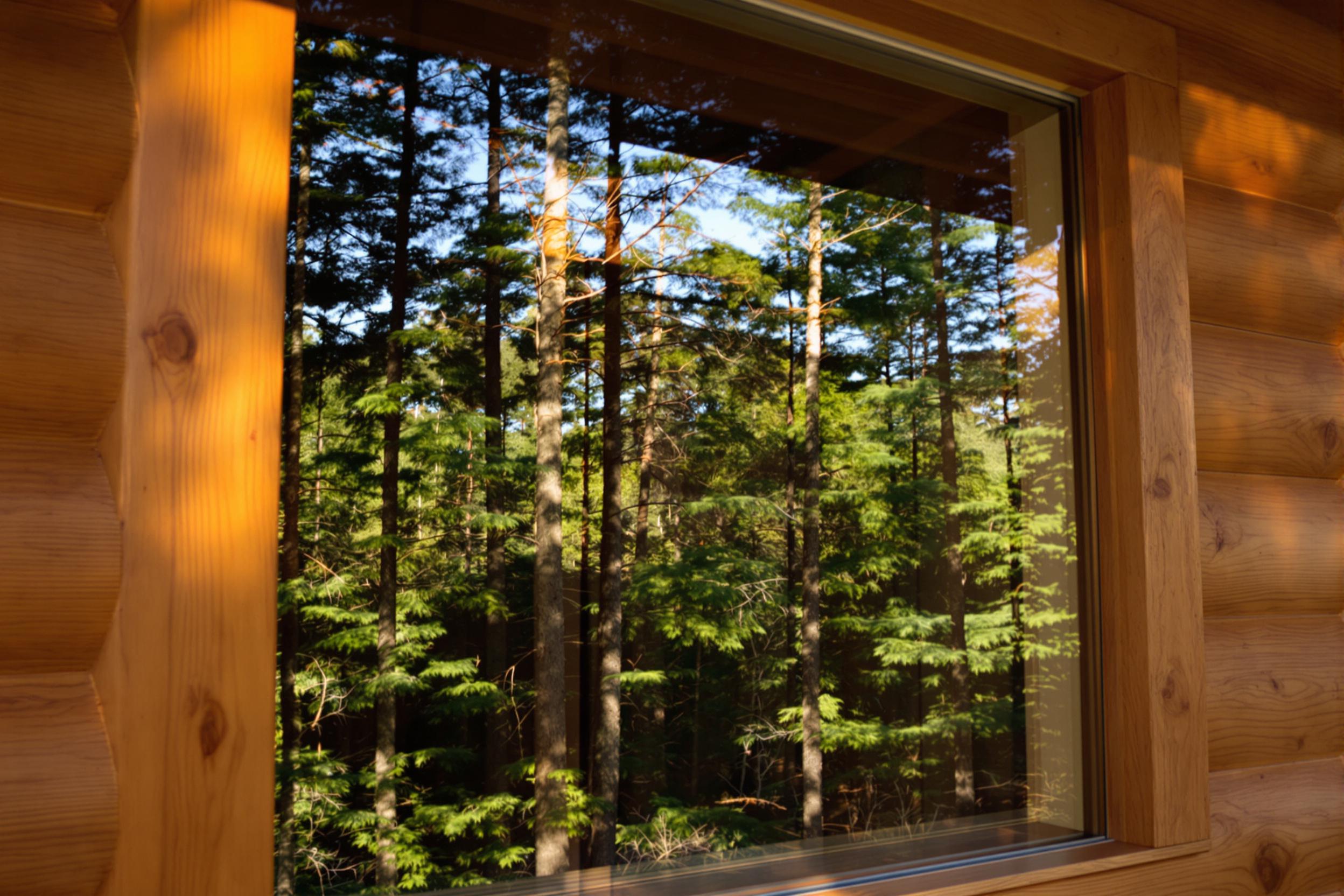 Reflected Pines Across Cabin Window at Dawn