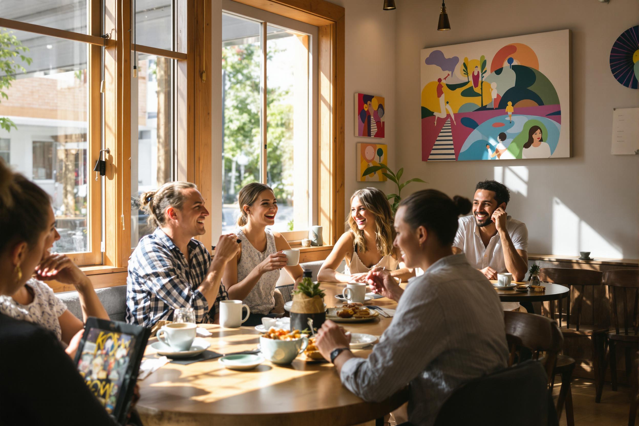 Cheerful Friends Enjoying Coffee in a Cozy Café