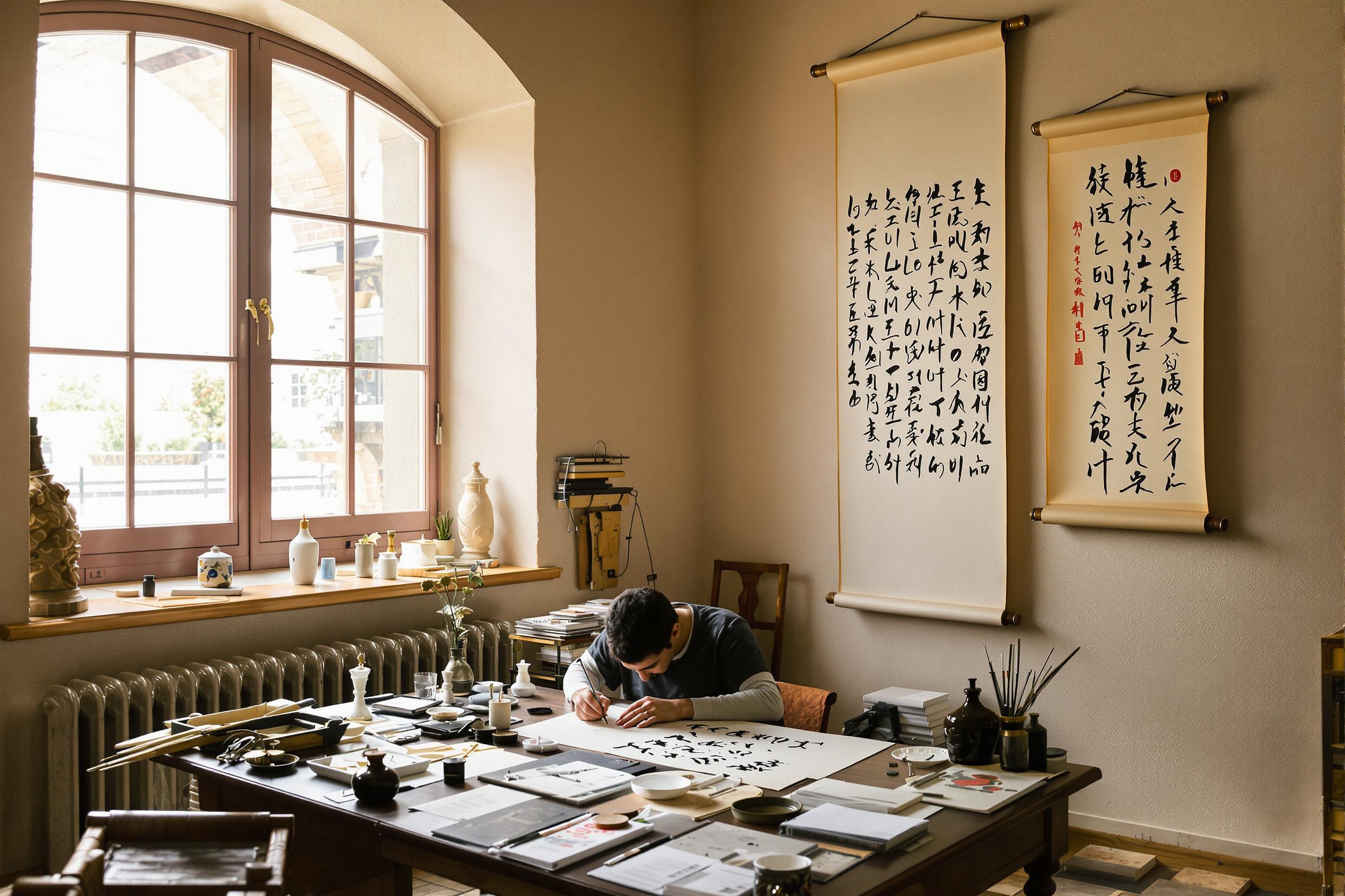 Calligrapher Creating Art Serenely Beneath Arched Light