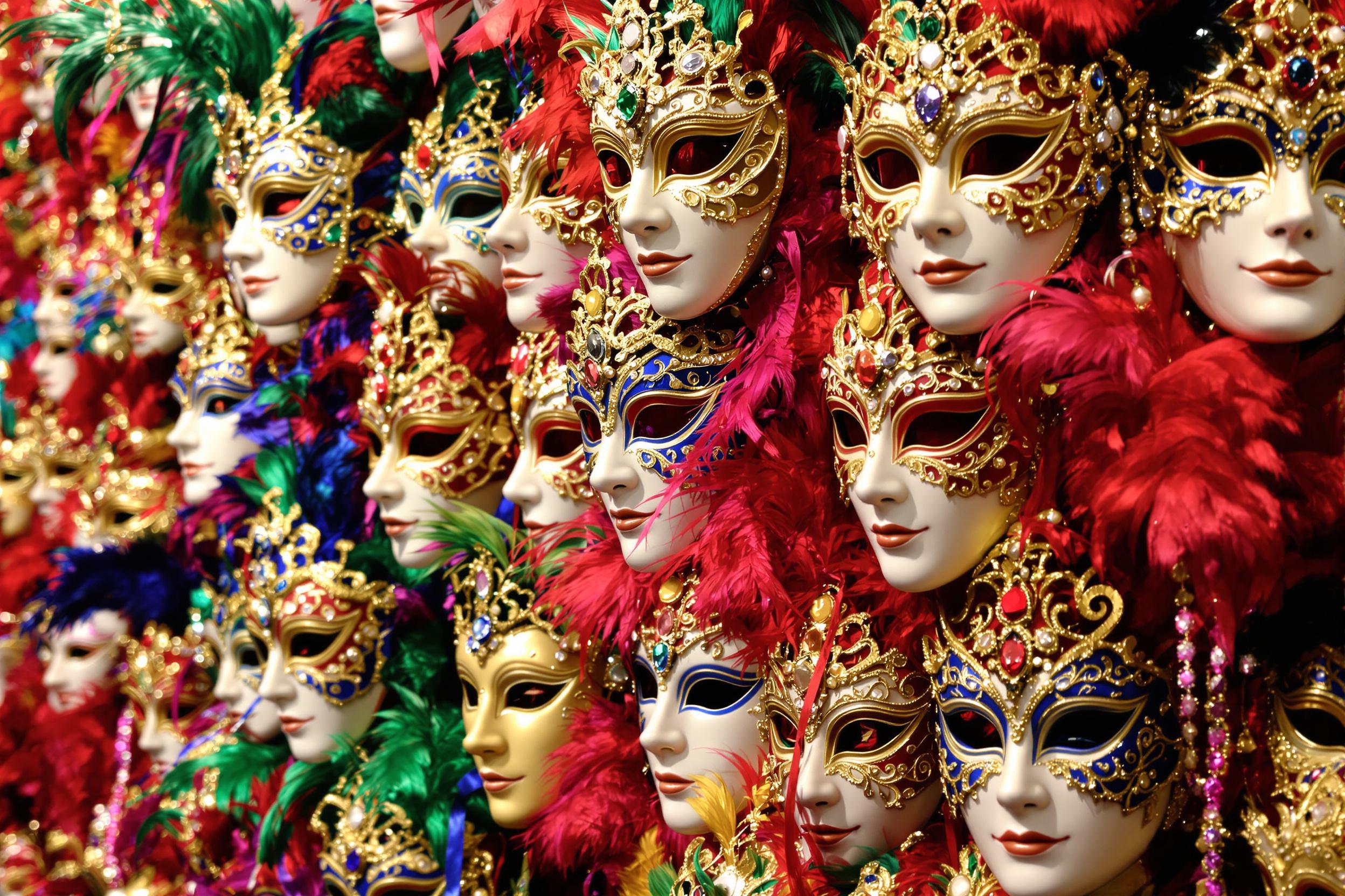 Close-up of Elaborate Carnival Masks in Vibrant Colors