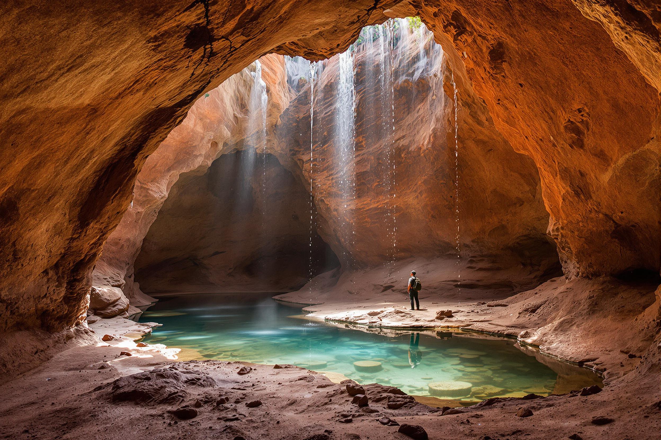 Epic sandstone cavern illuminated by light beams