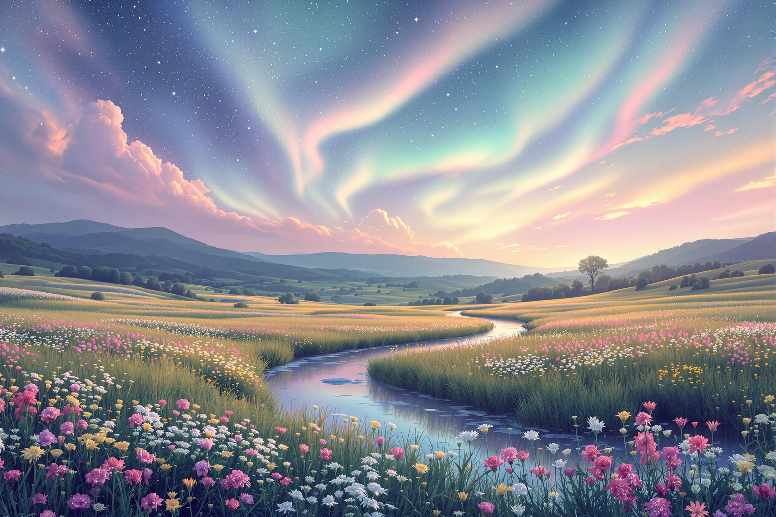 Dreamy Celestial Meadow Under Aurora