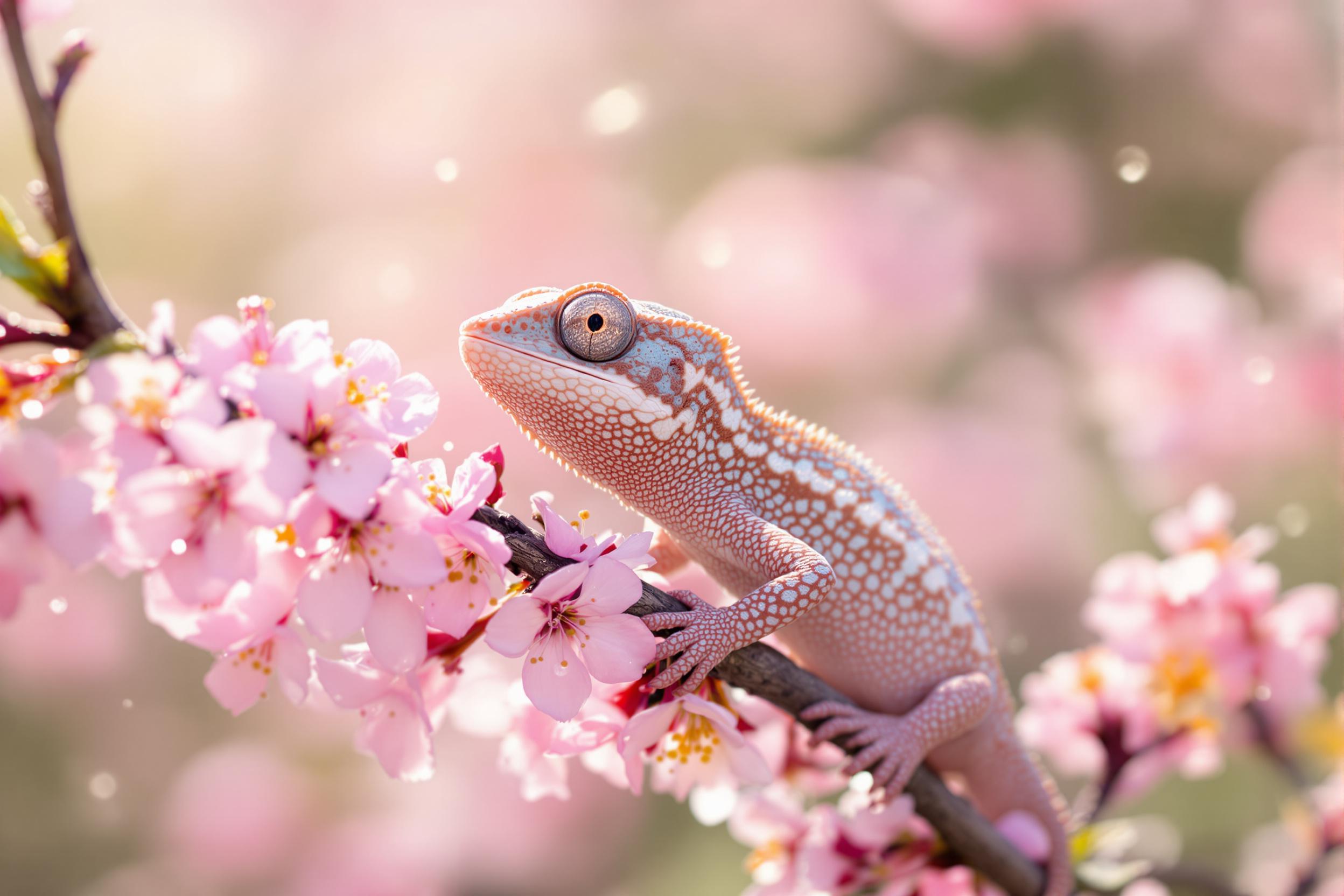 Delicate Chameleon on Blooming Pastel Branch