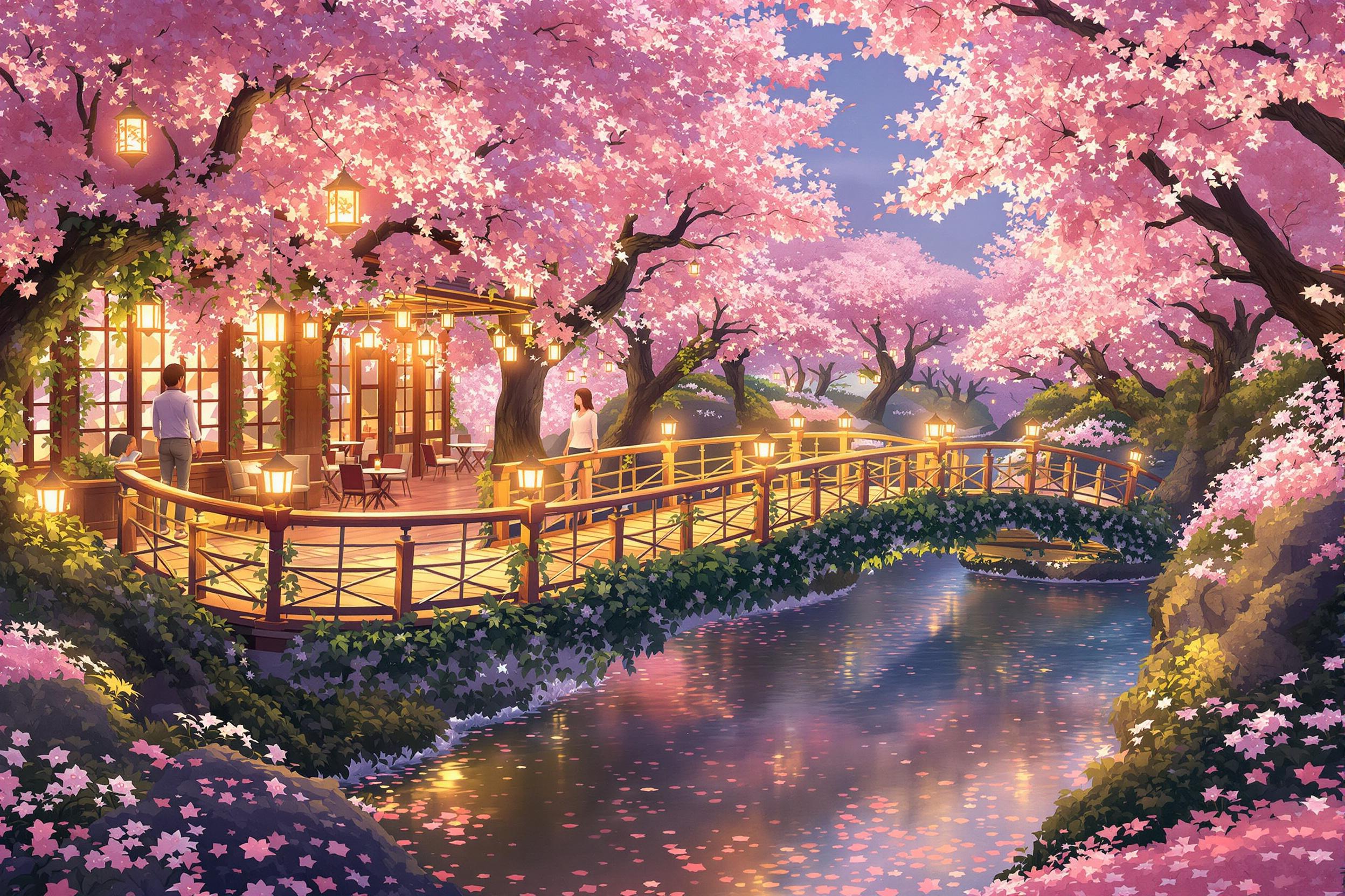 Enchanting Hanging Café Bridge Amid Cherry Blossoms