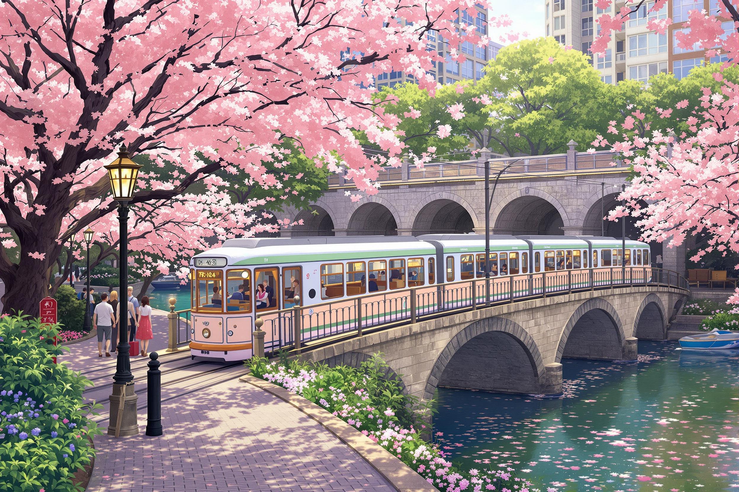 Charming Riverside Tram Crossing Amid Spring Cherry Blossoms