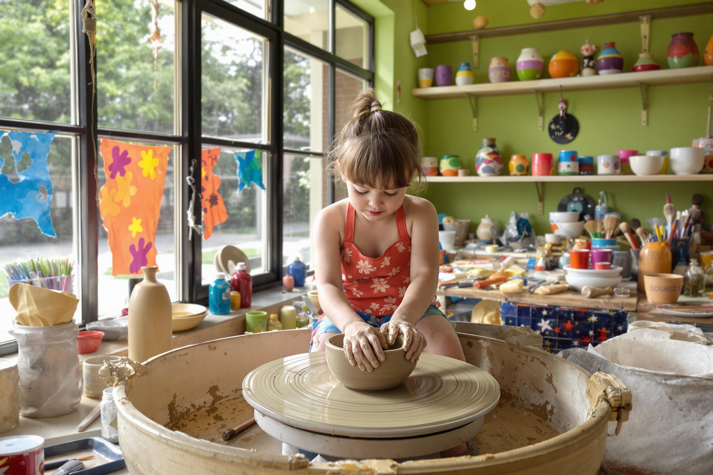 Child Learning Pottery on Spinning Wheel