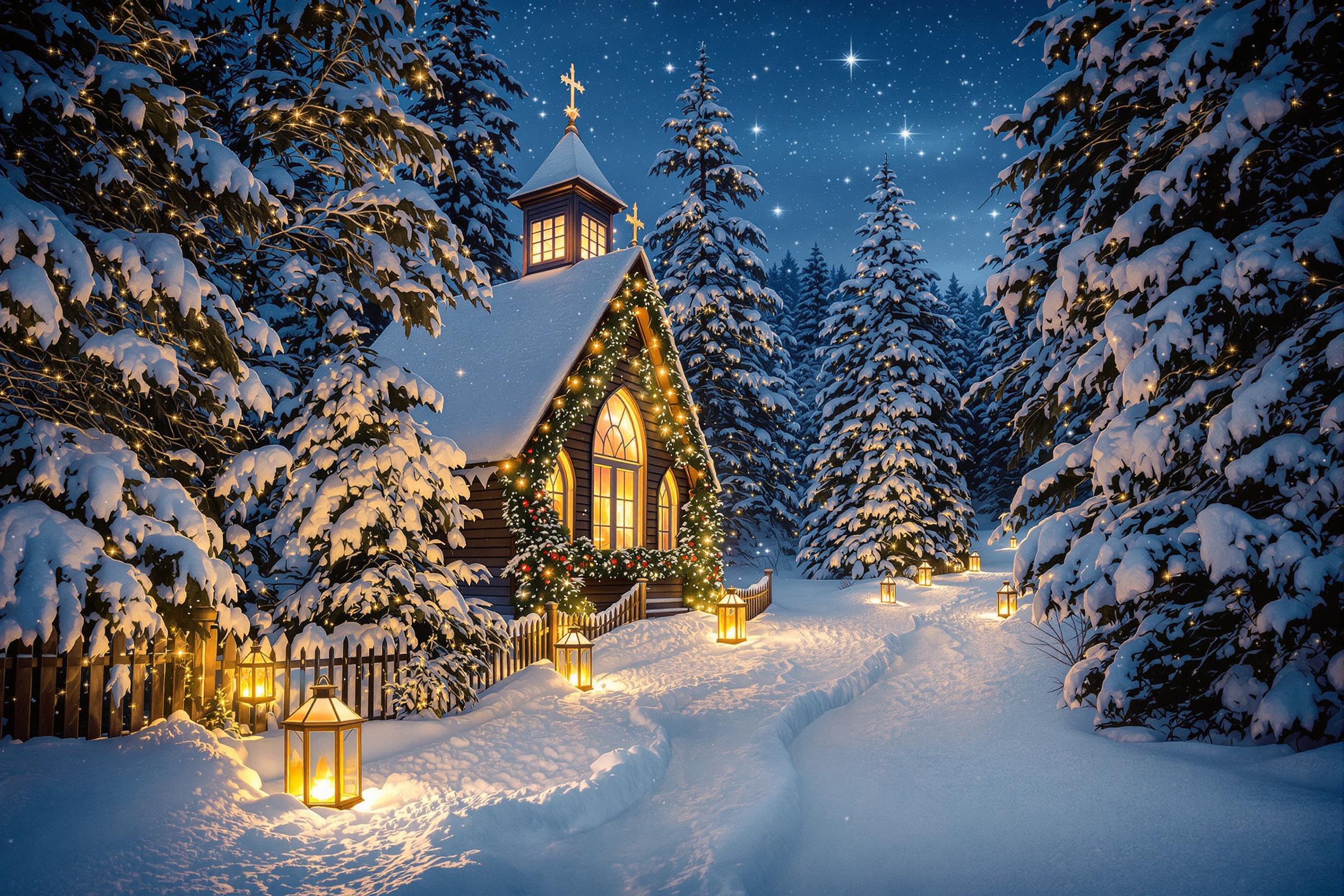 Christmas Eve at a Serene Snowy Chapel