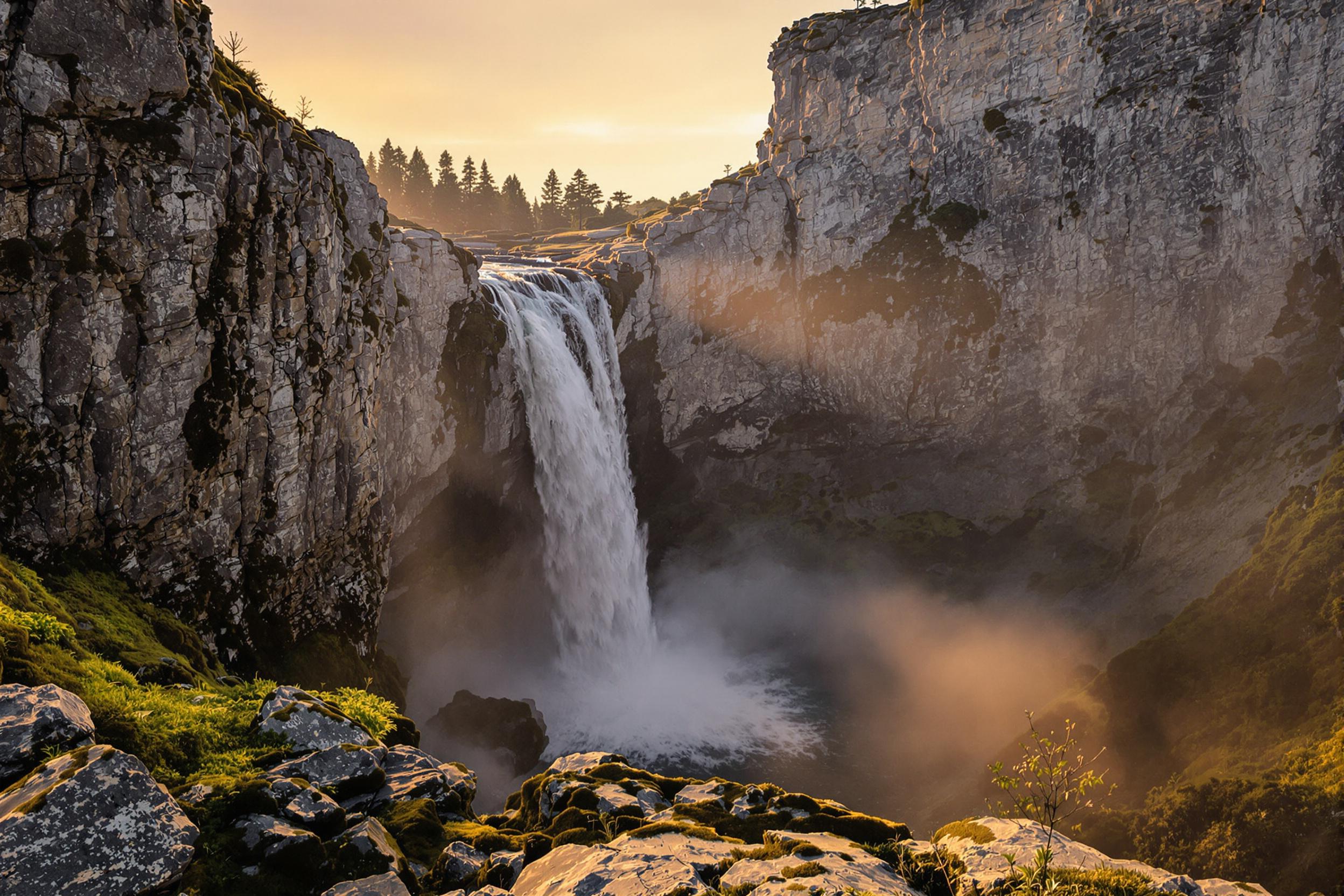 Dramatic Cliffside Waterfall at Sunset