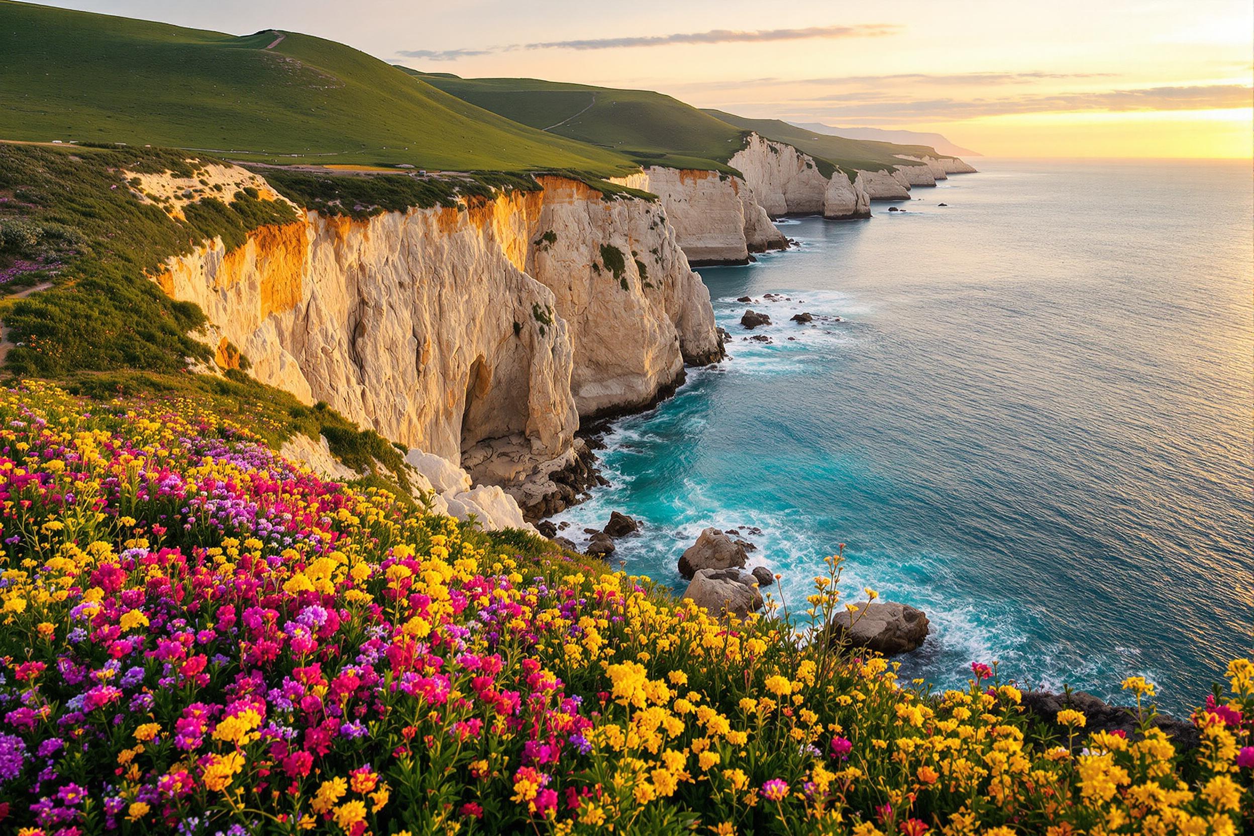 Golden Hour Wildflowers on Coastal Cliffs