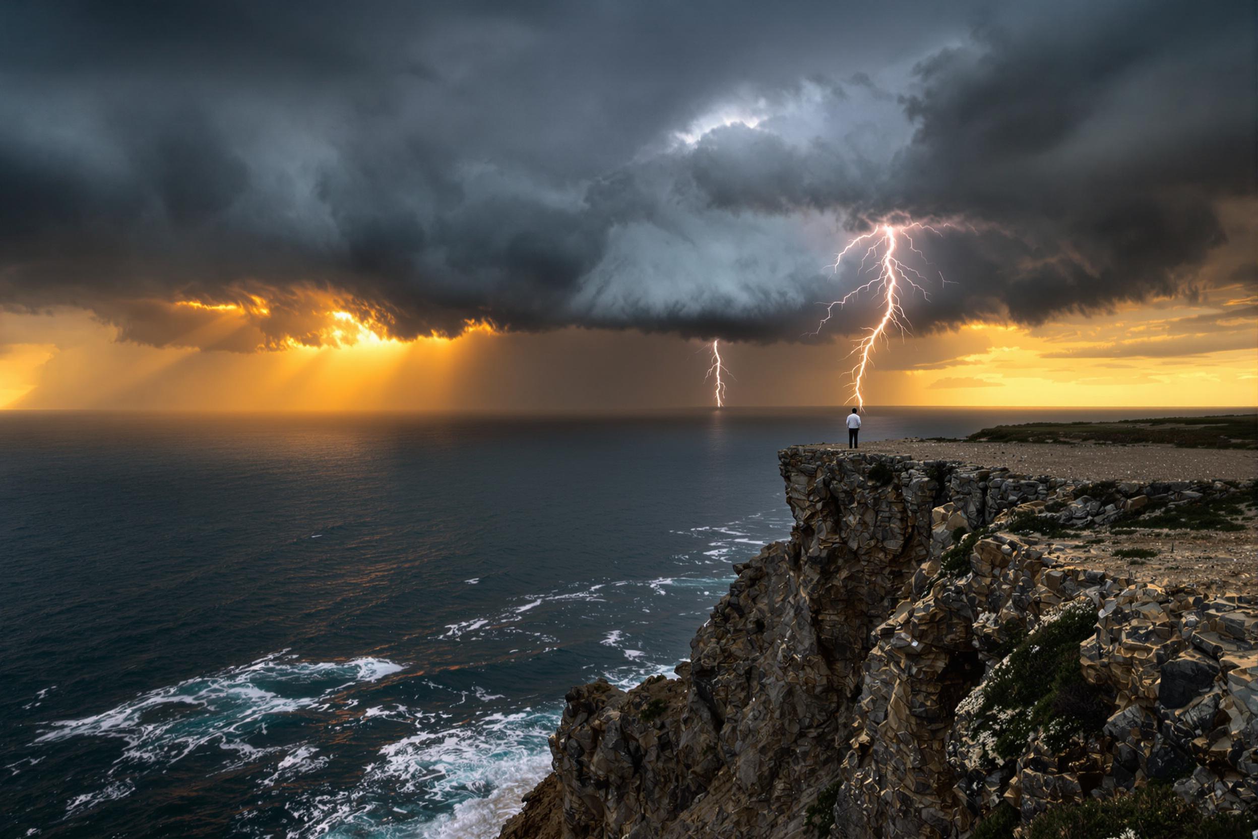 Solitary Figure Facing Coastal Storm