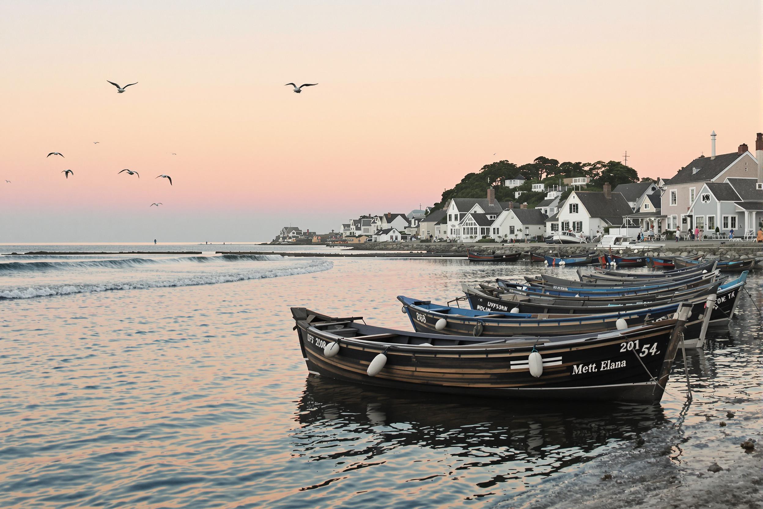 Coastal Village at Dawn with Fishing Boats