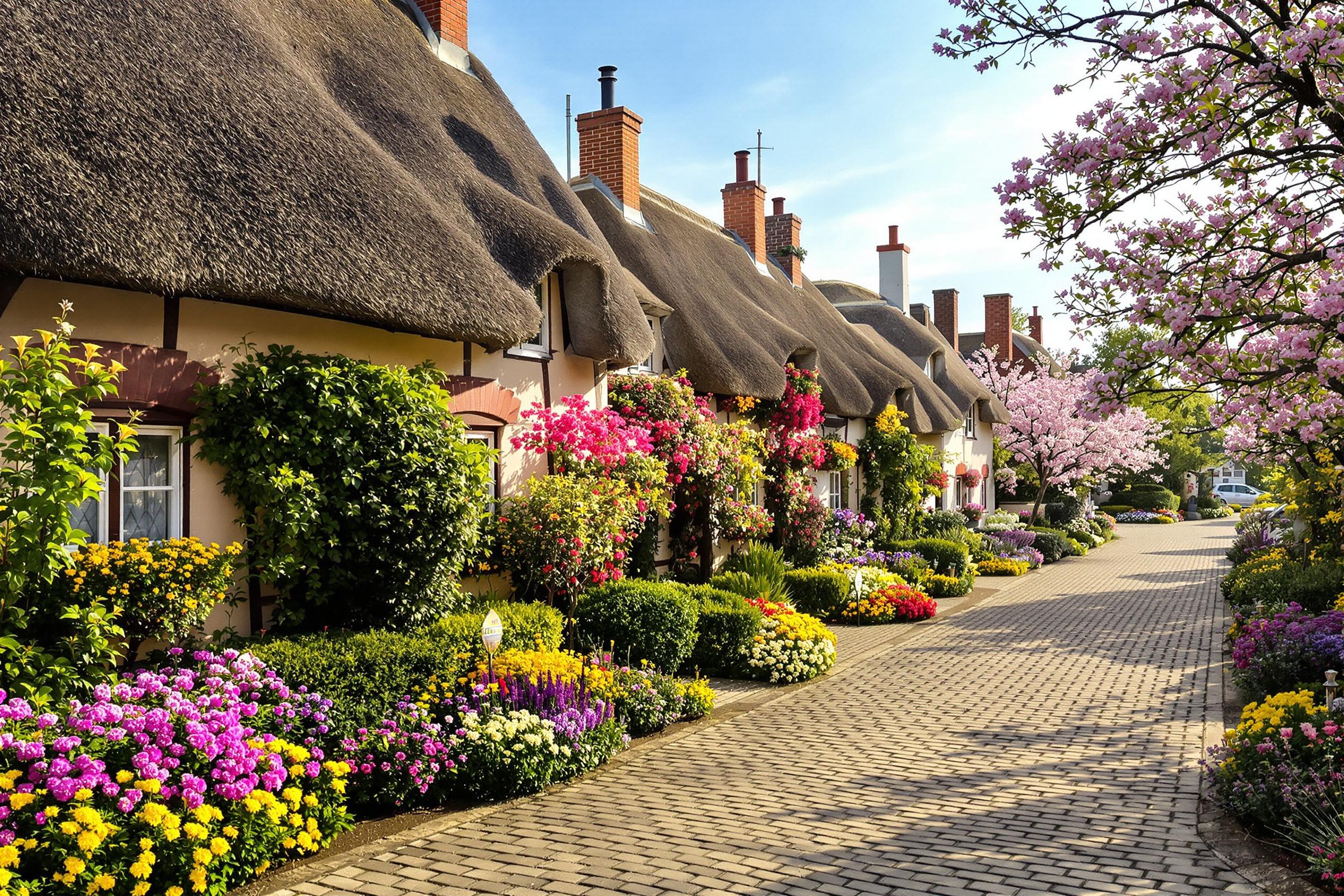 Charming Spring Village Surrounded by Blooming Flowers