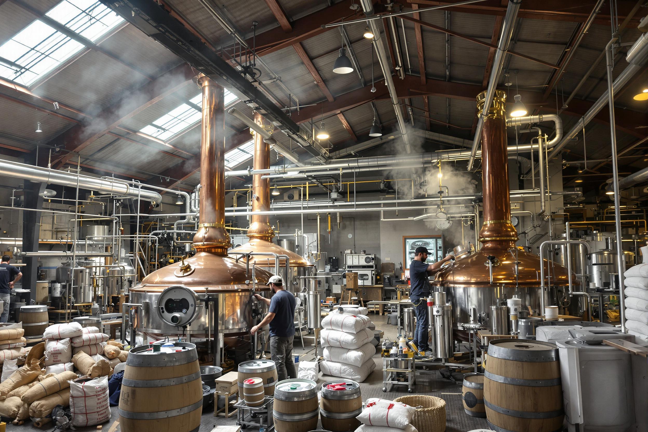 Brewers Inspect Copper Kettles in Rustic Craft Brewery