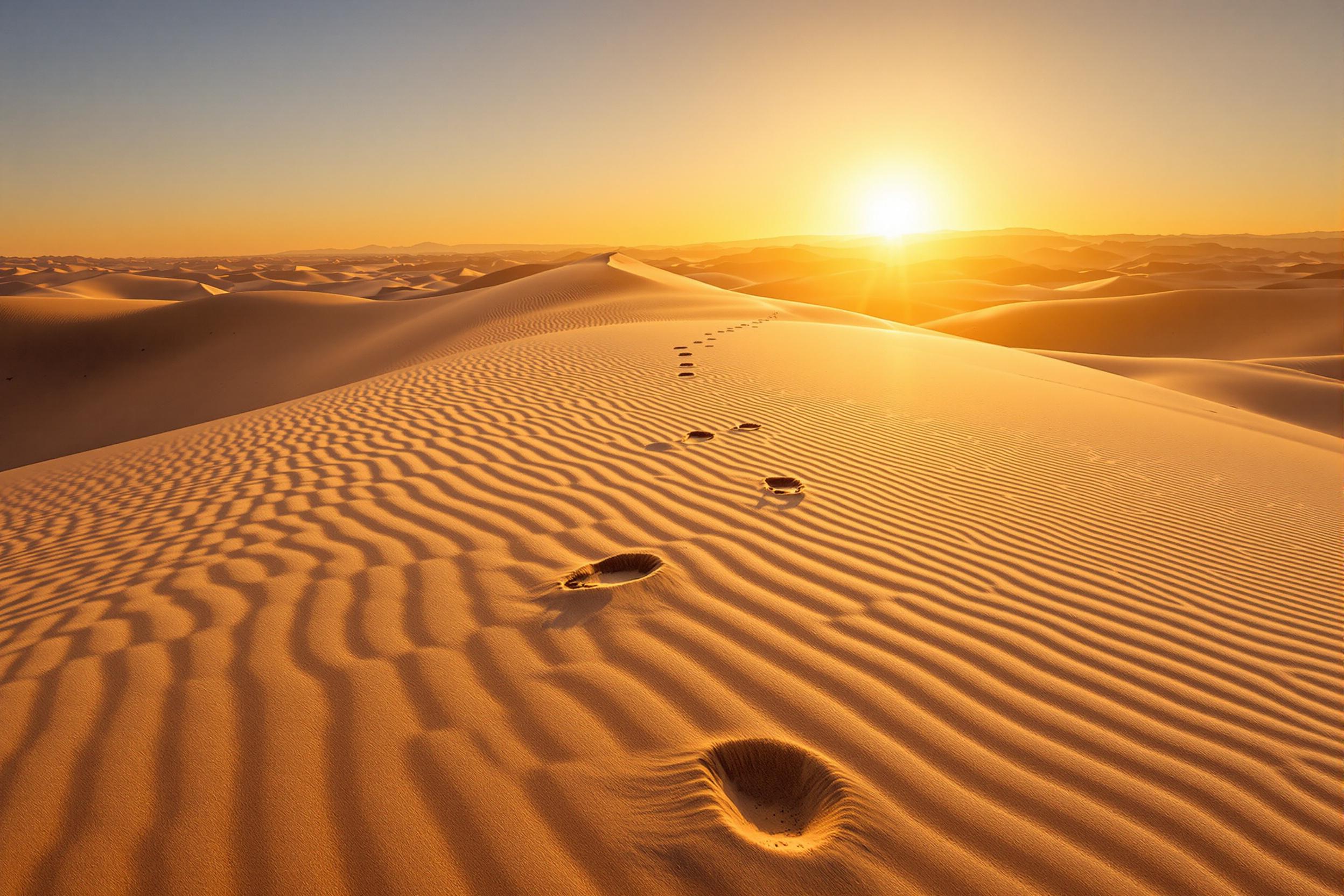 Footprints Across Golden Desert Dunes