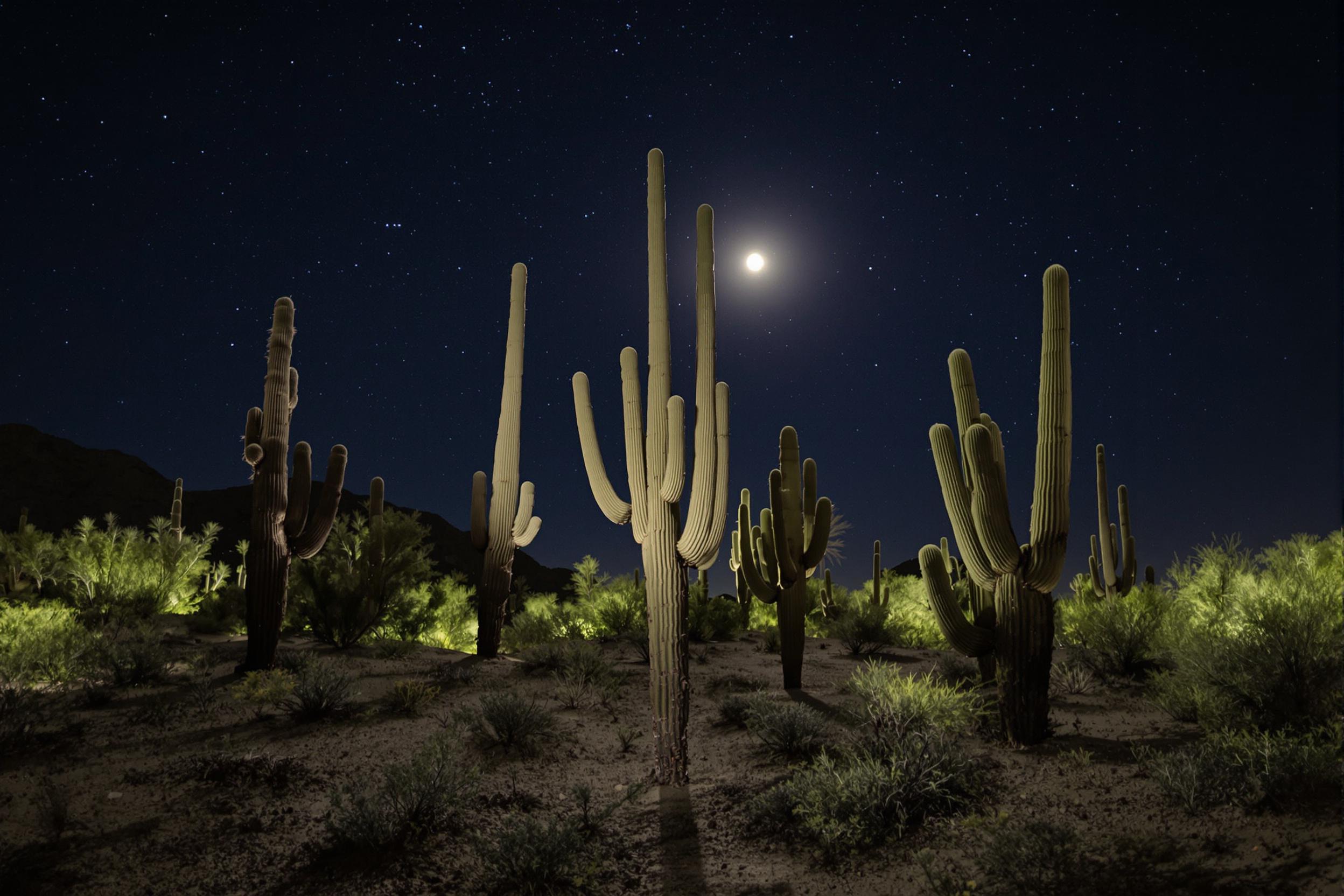 Moonlit Desert Landscape with Cactus Silhouettes