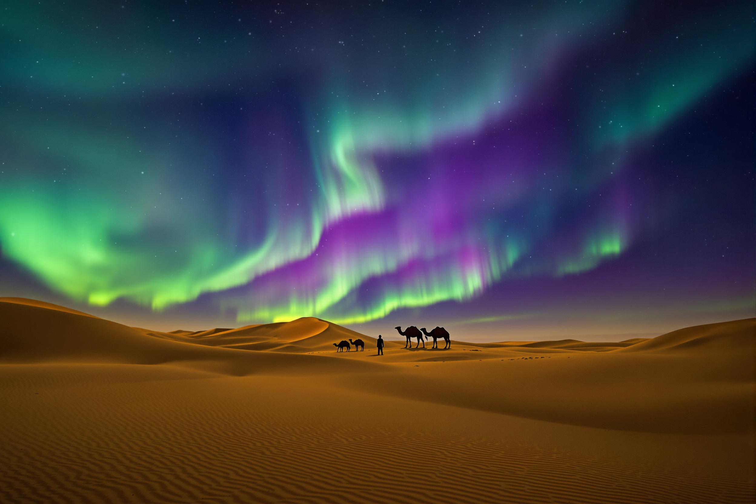 Desert Nomad Under Aurora-Lit Night