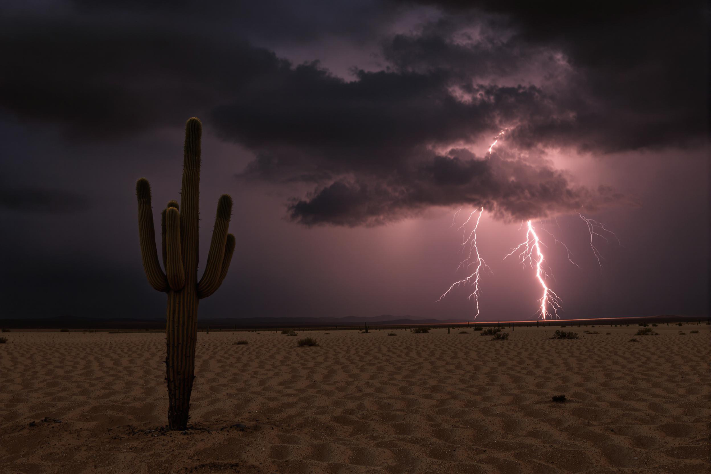 Desert Cactus Amid Lightning Storm