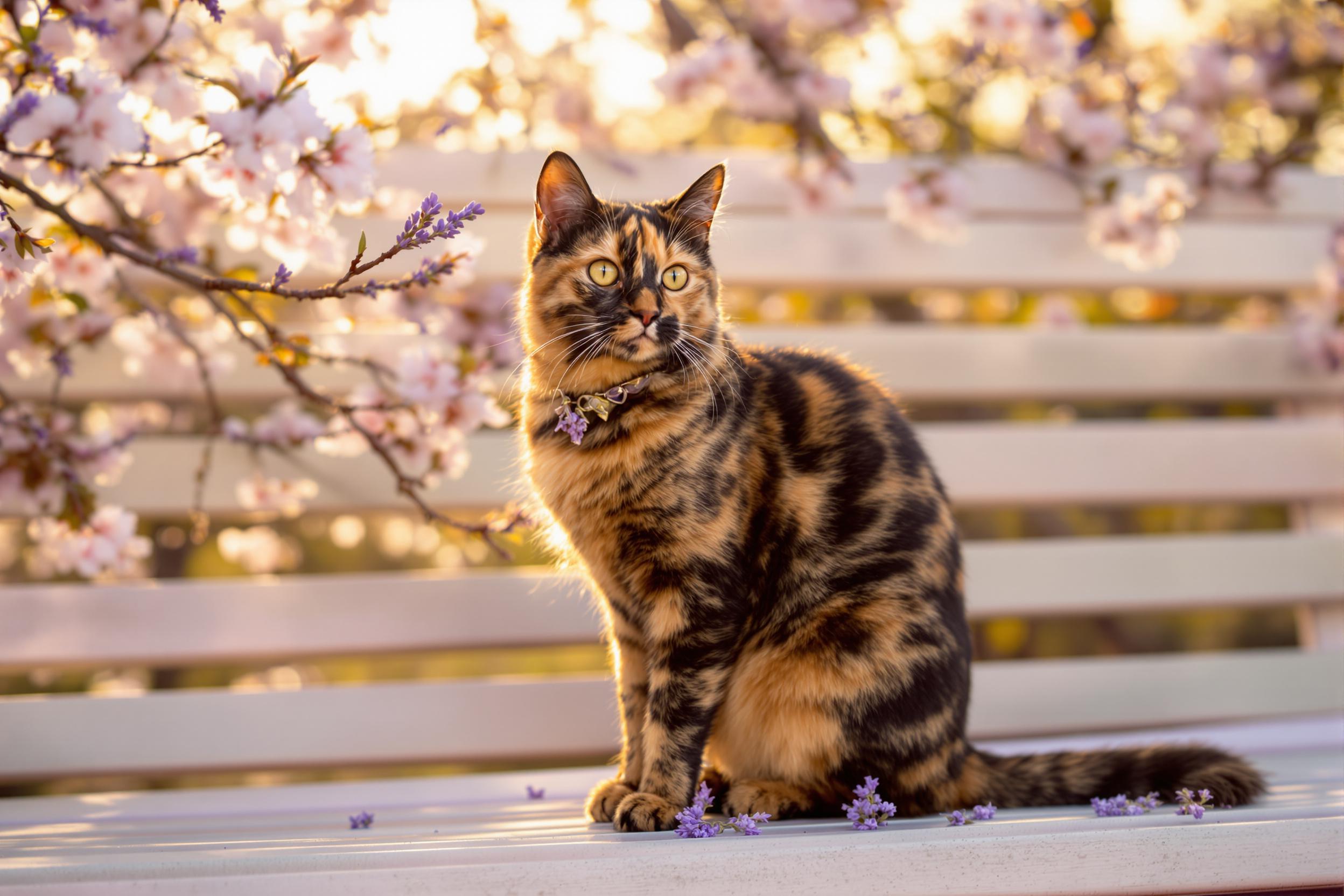 Dreamy Sunset Cat Amid Cherry Blossoms