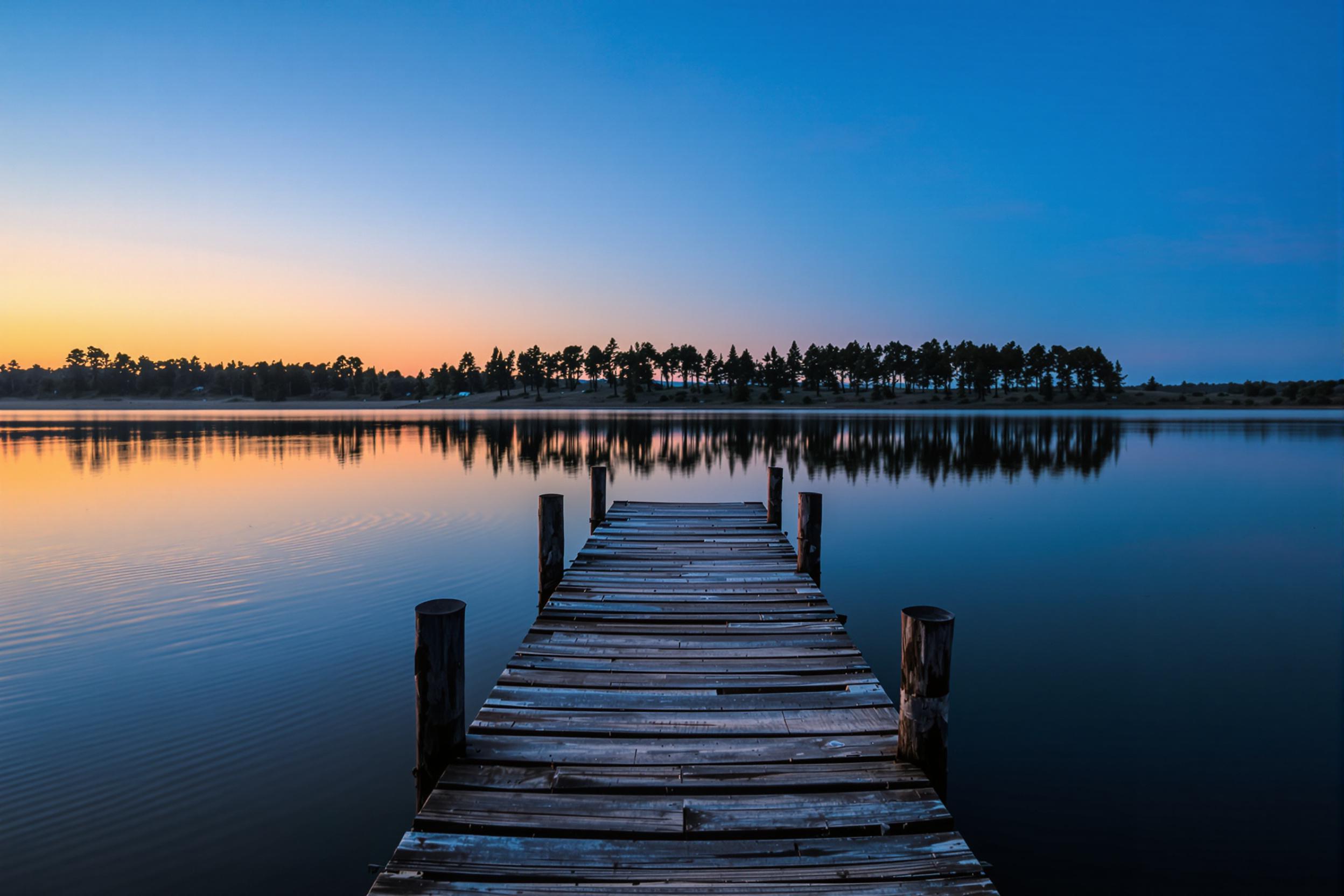 Rustic Dock Extending Over a Tranquil Lake at Dusk