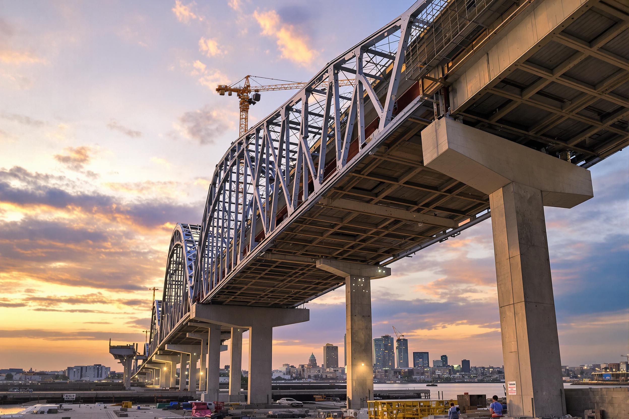 Under-Construction Urban Bridge Illuminated by Sunset