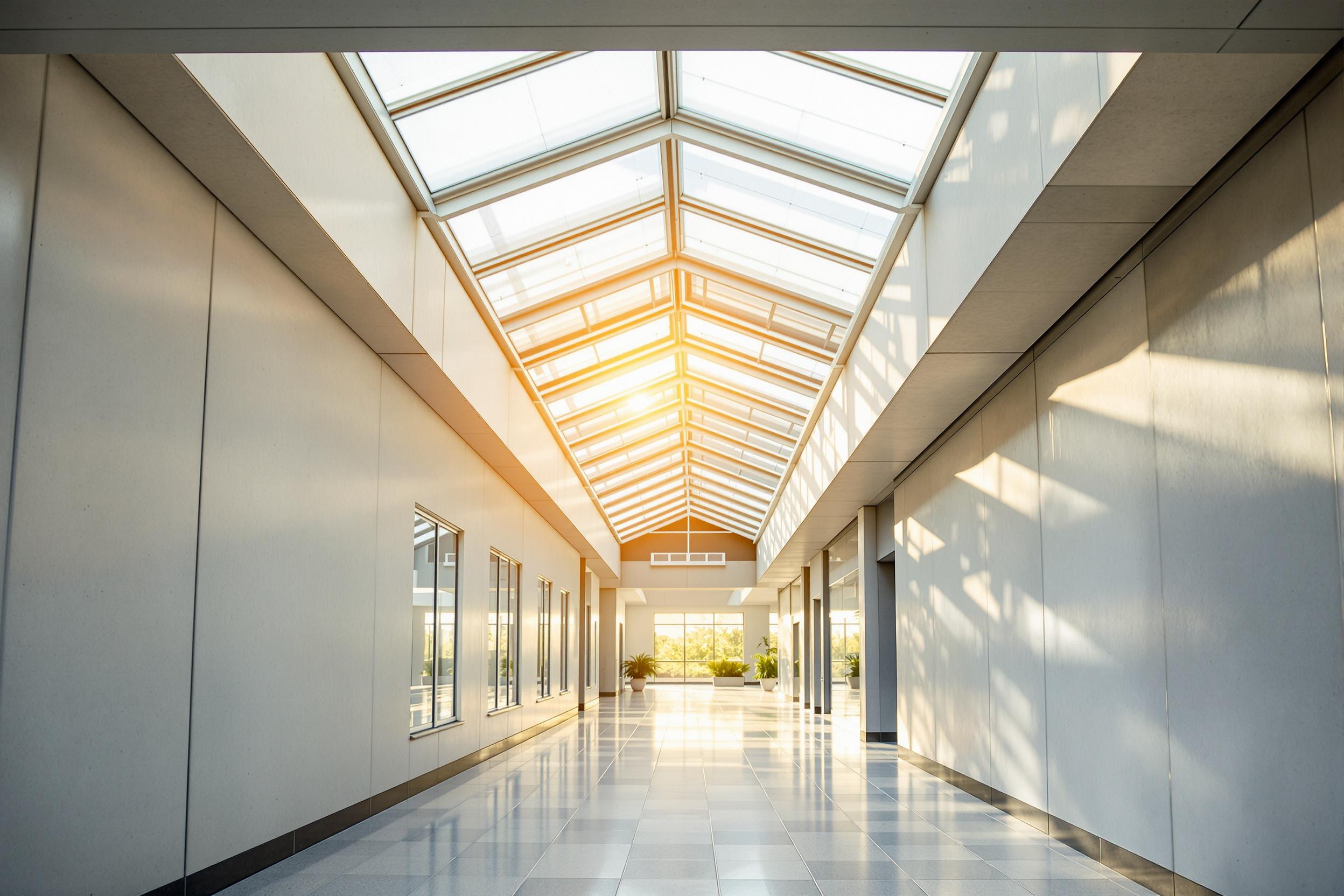 Eco-Friendly Office Building Corridor at Golden Hour