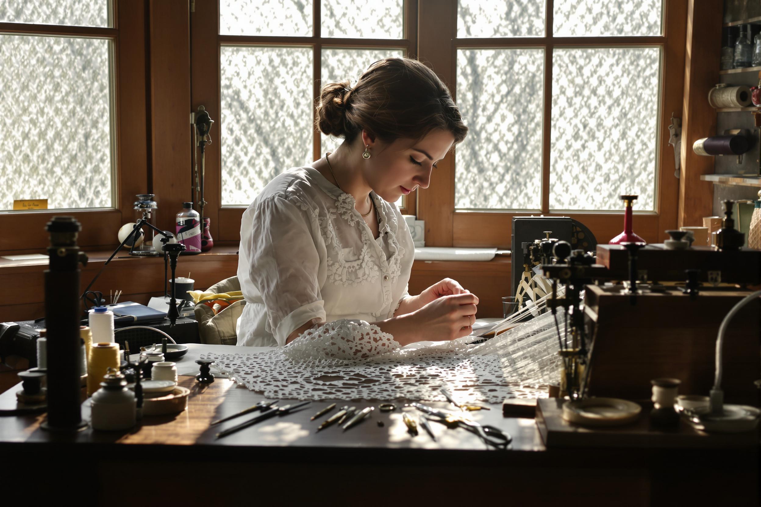 Edwardian Lace Maker at Work in Sunlit Studio