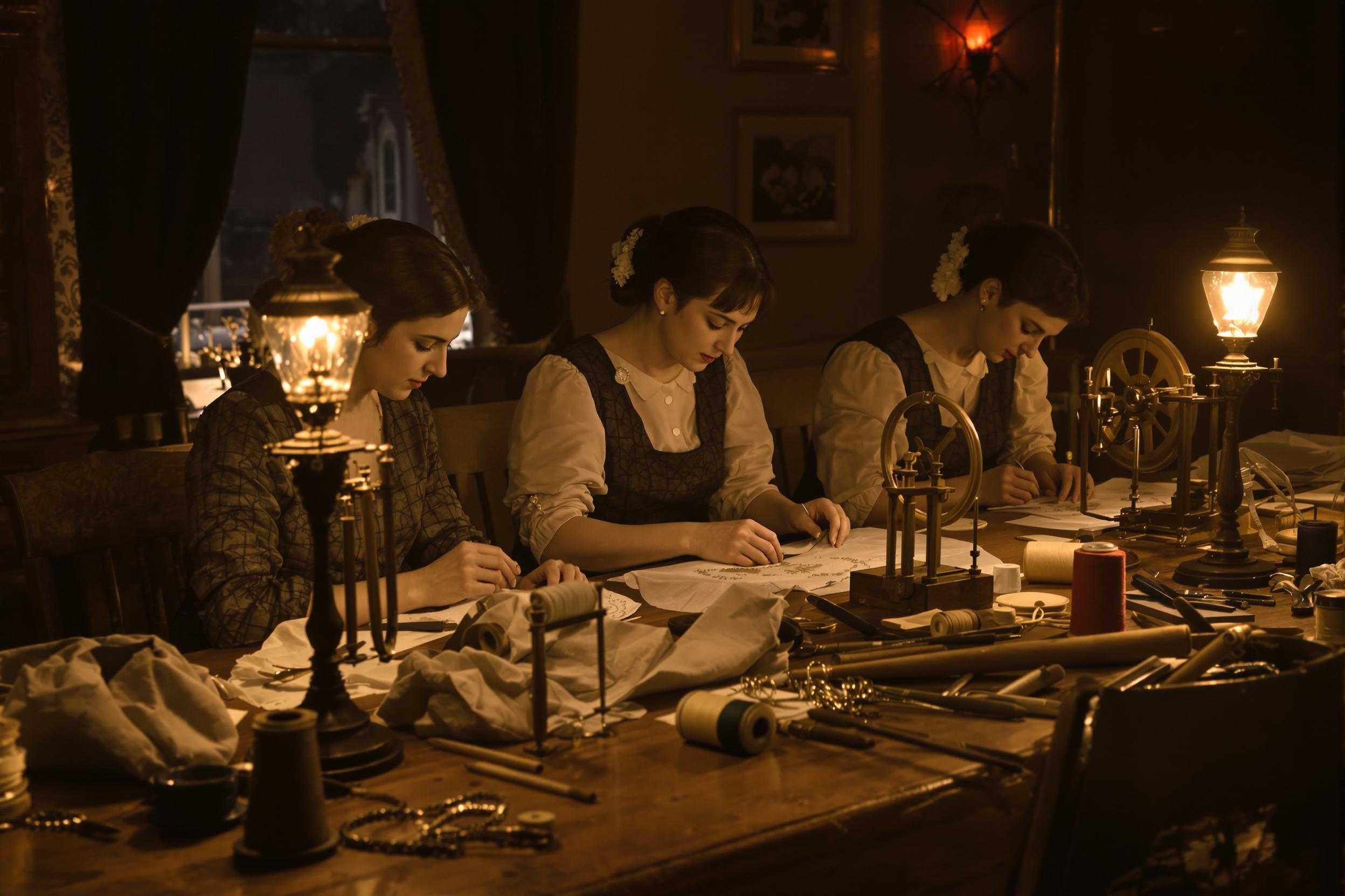 Edwardian Sewing Circle Illuminated by Gas Lamp Glow