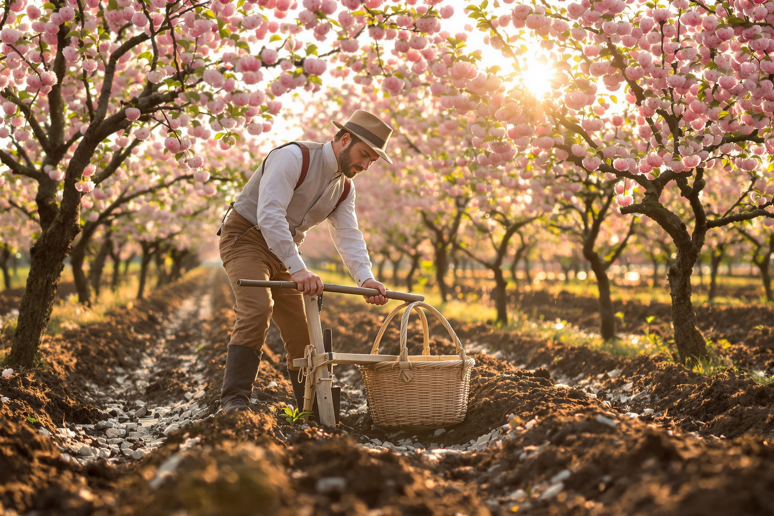 Edwardian Farmer Sowing Seeds in Spring Orchard