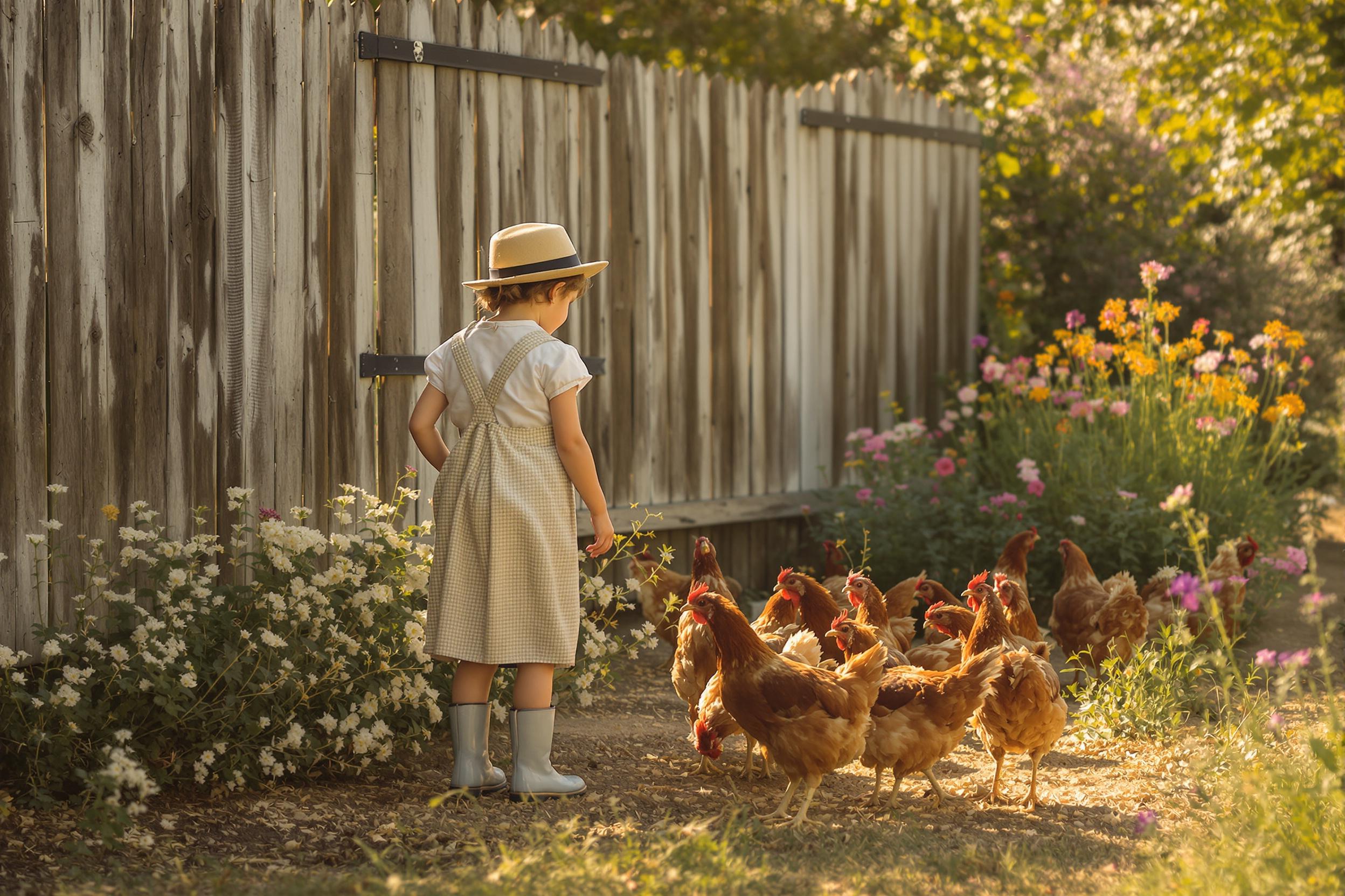 Edwardian Child Feeding Hens in Golden Hour Backdrop