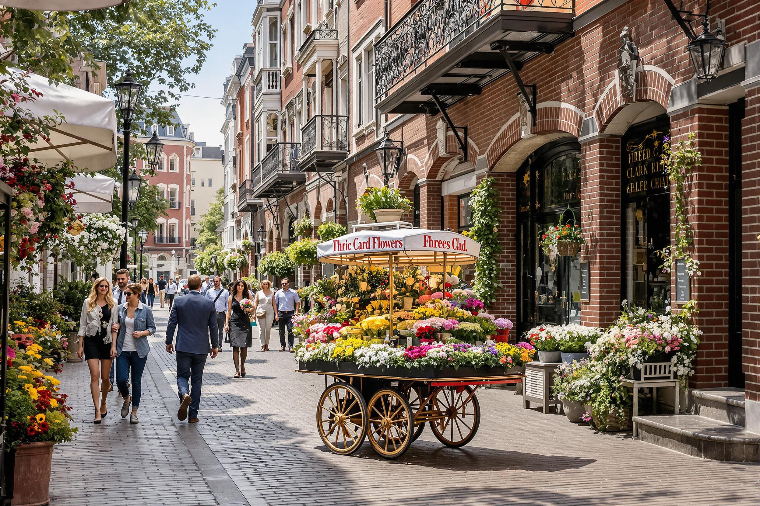 Edwardian Flower Vendor Amidst Bustling Urban Charm