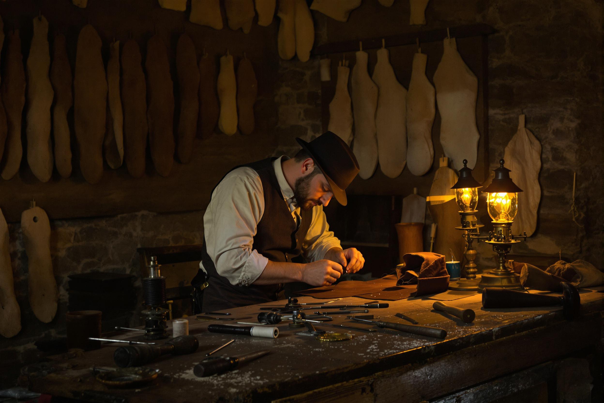 Edwardian Cobbler's Workshop Illuminated by Gaslight