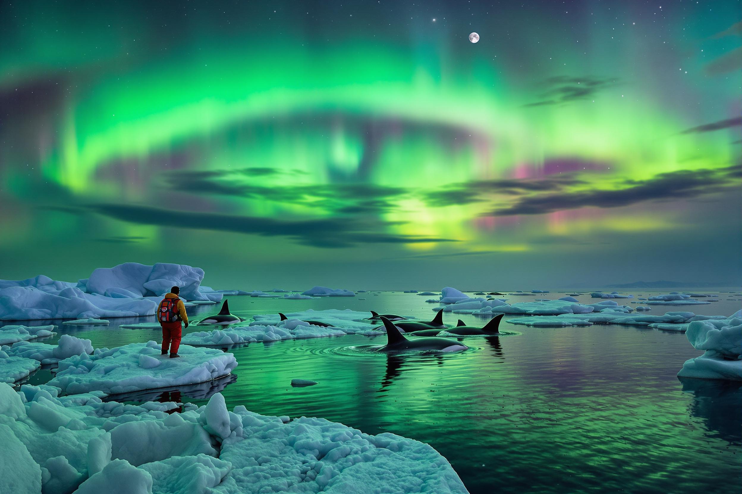 Arctic Explorer Among Orcas Under Aurora Sky