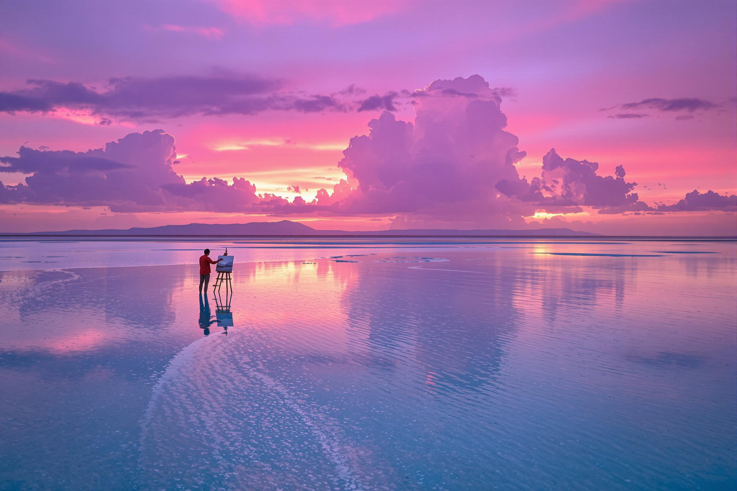 Painter at Sunset by Remote Lagoon