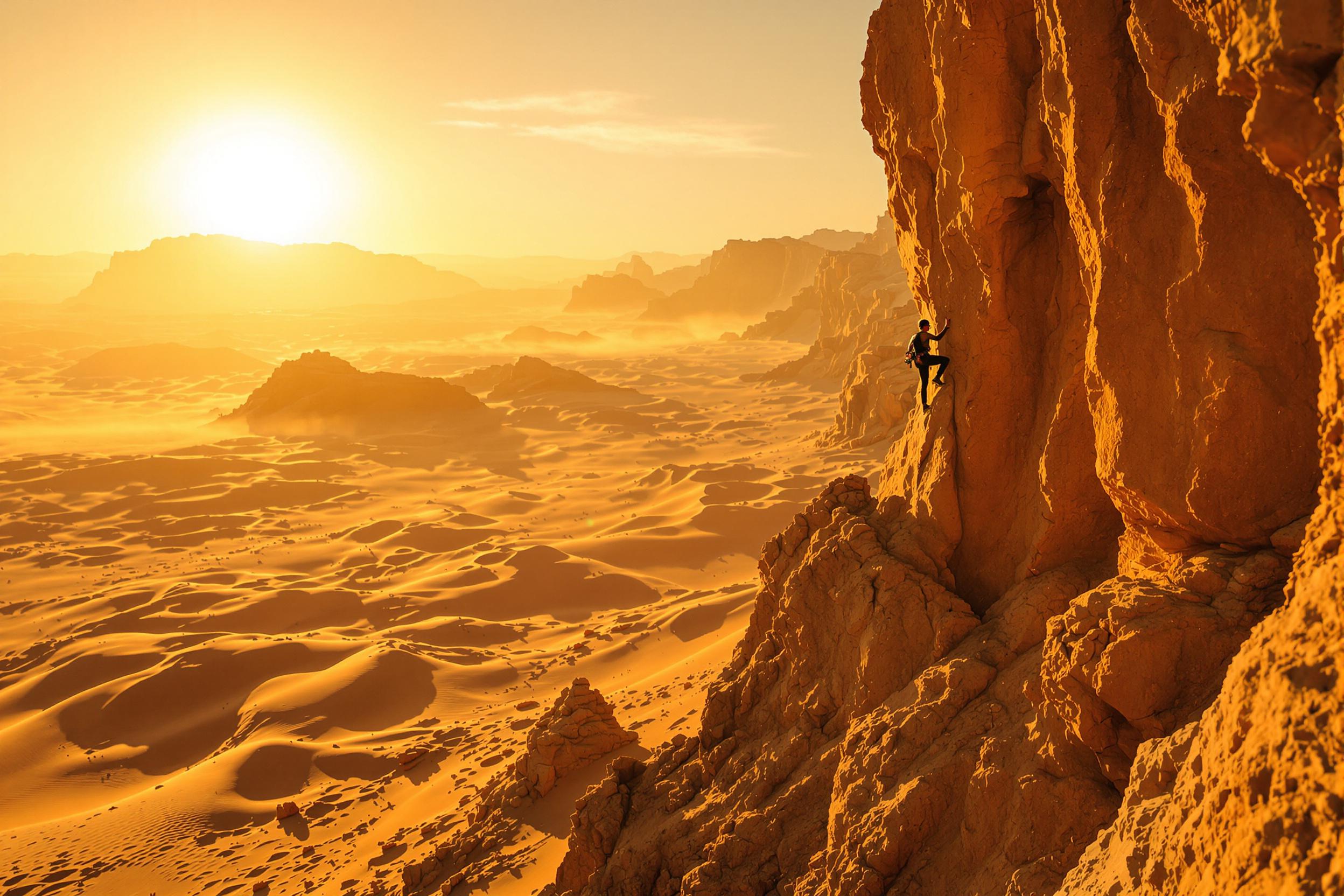 Rock Climber Scaling Desert Spire During Golden Hour