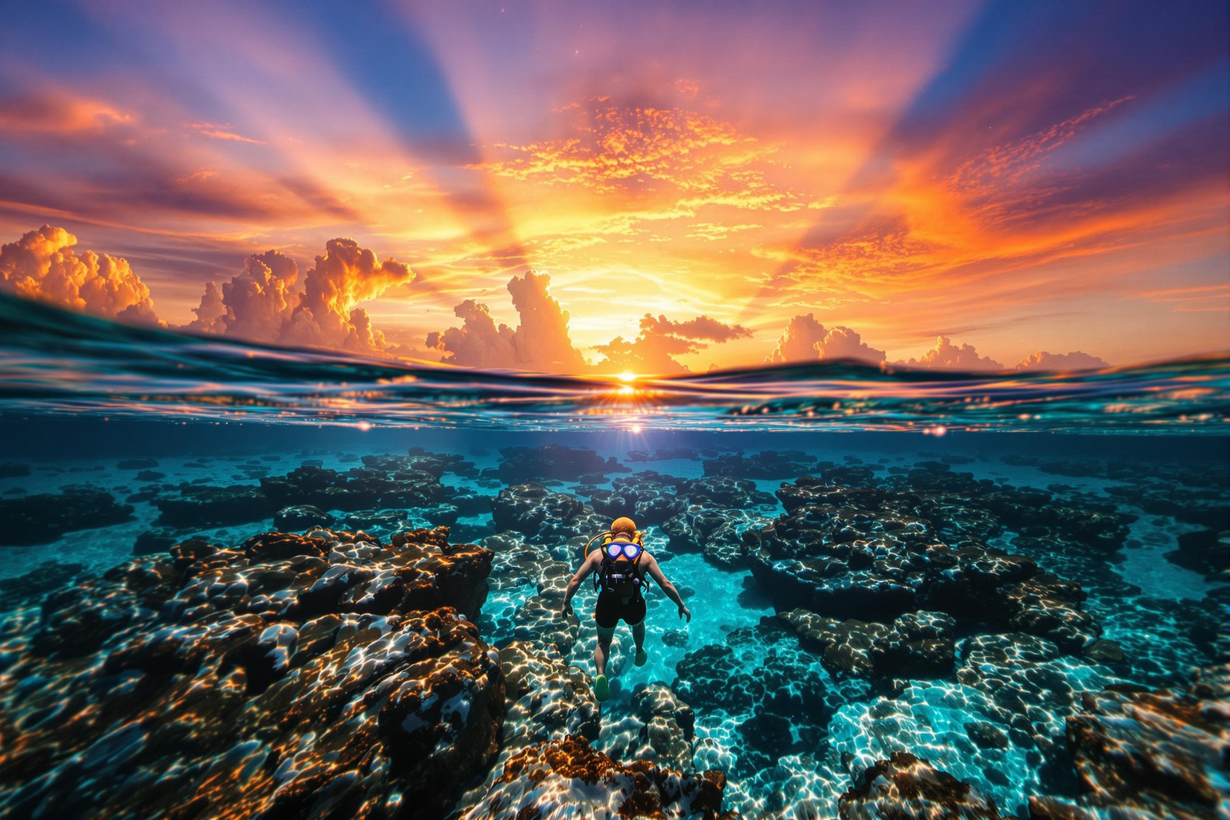 Diver Emerging Amid Radiant Dawn