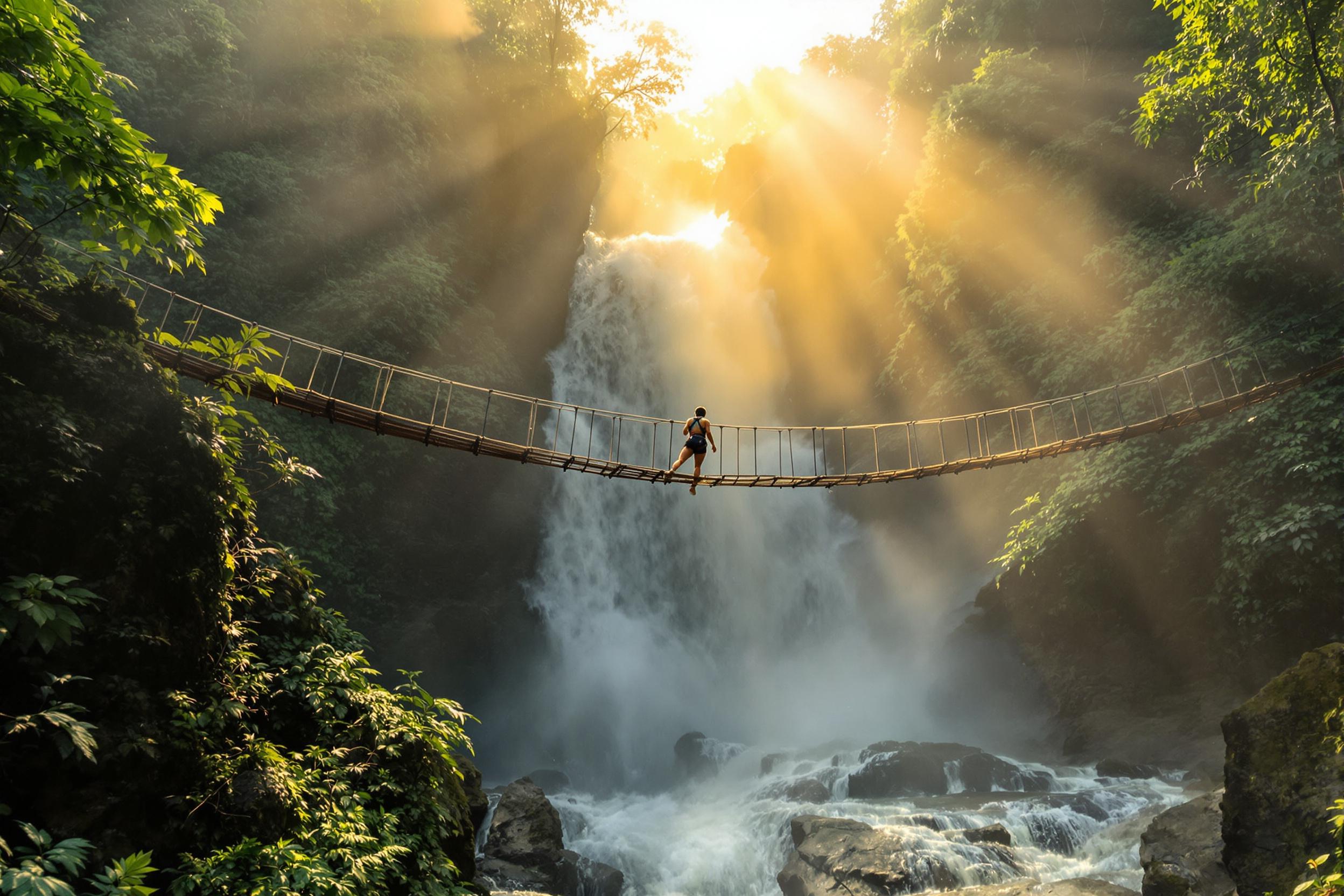 Adventurer Crossing Misty Jungle Rope Bridge