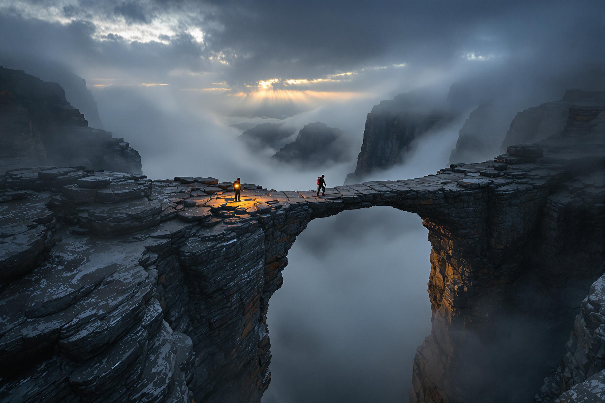 Mountaineer Navigating Misty Rock Bridge at Twilight