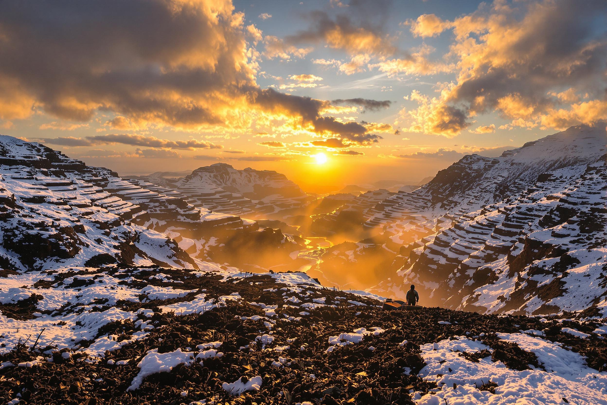 Resilient Farmer Tilling Terraced Winter Dawn Highlands