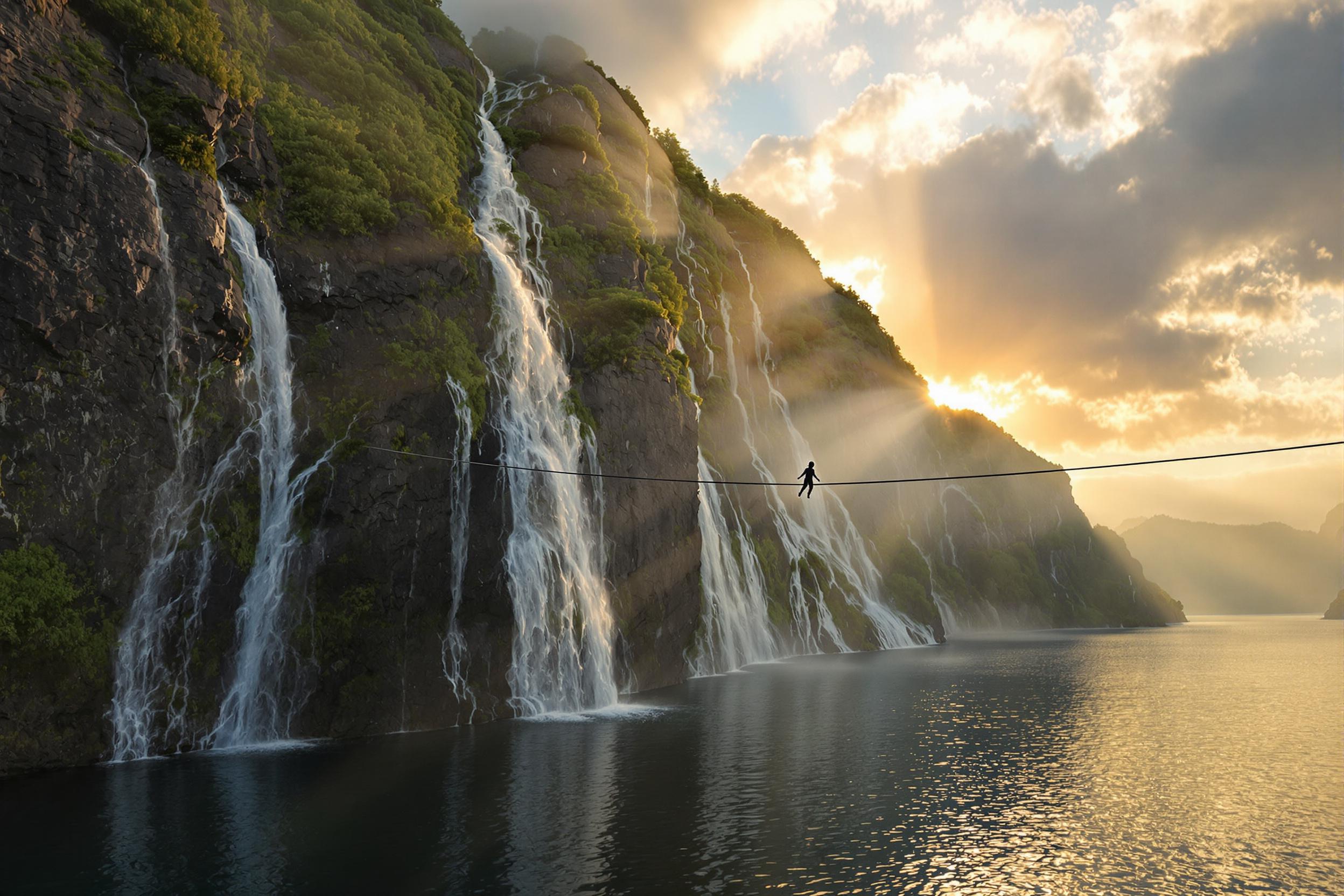 Tightrope Walker Across Misty Nordic Fjord