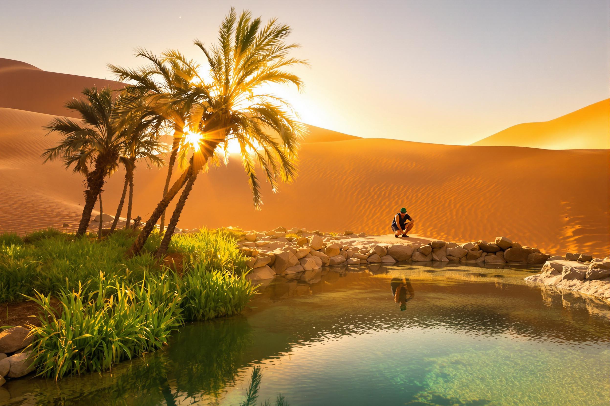 Lone Traveler at Sunrise Oasis in Dramatic Desert Scene